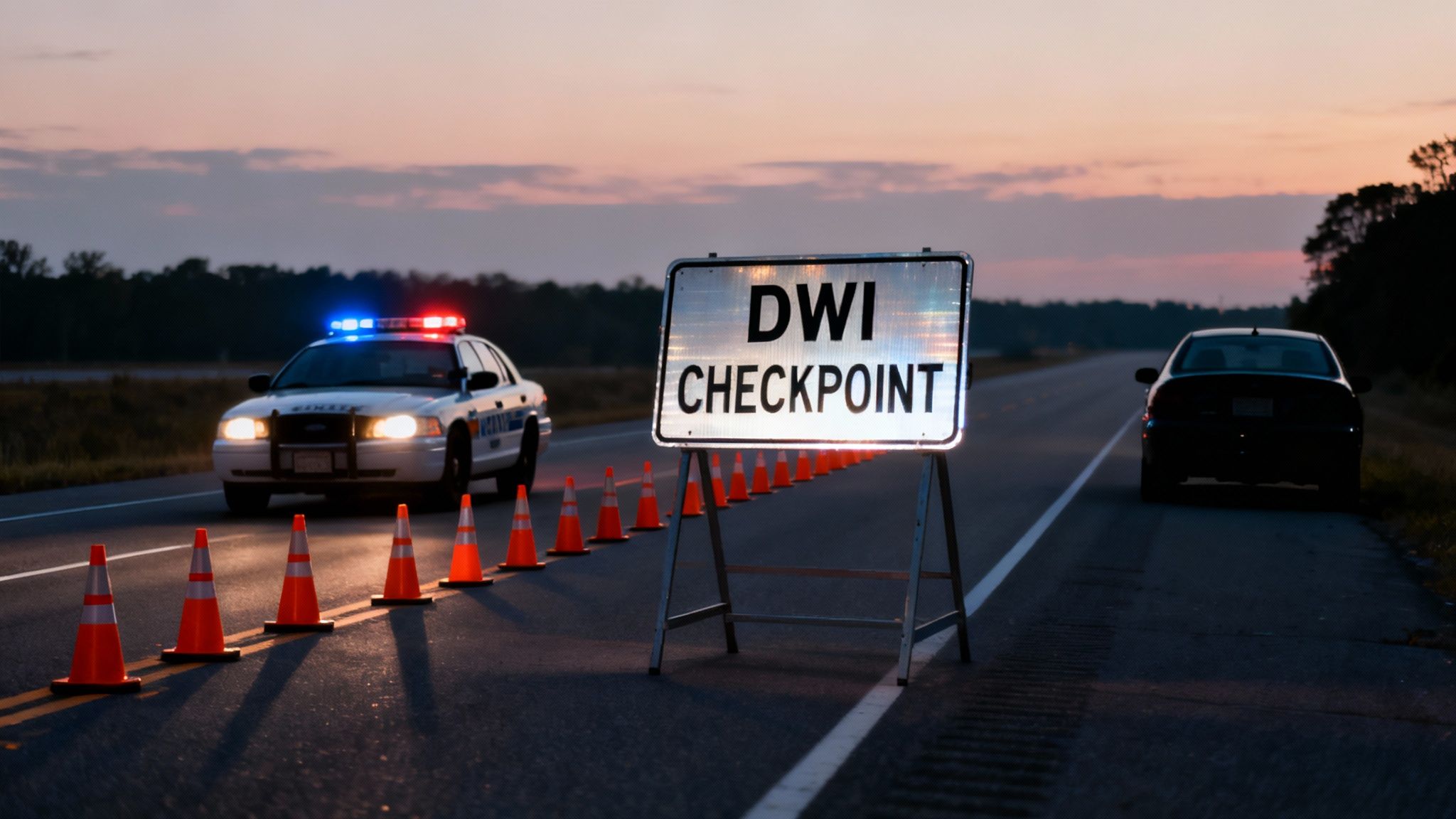 A police car with flashing lights at a DWI checkpoint setup with cones and a sign on a road at dusk.