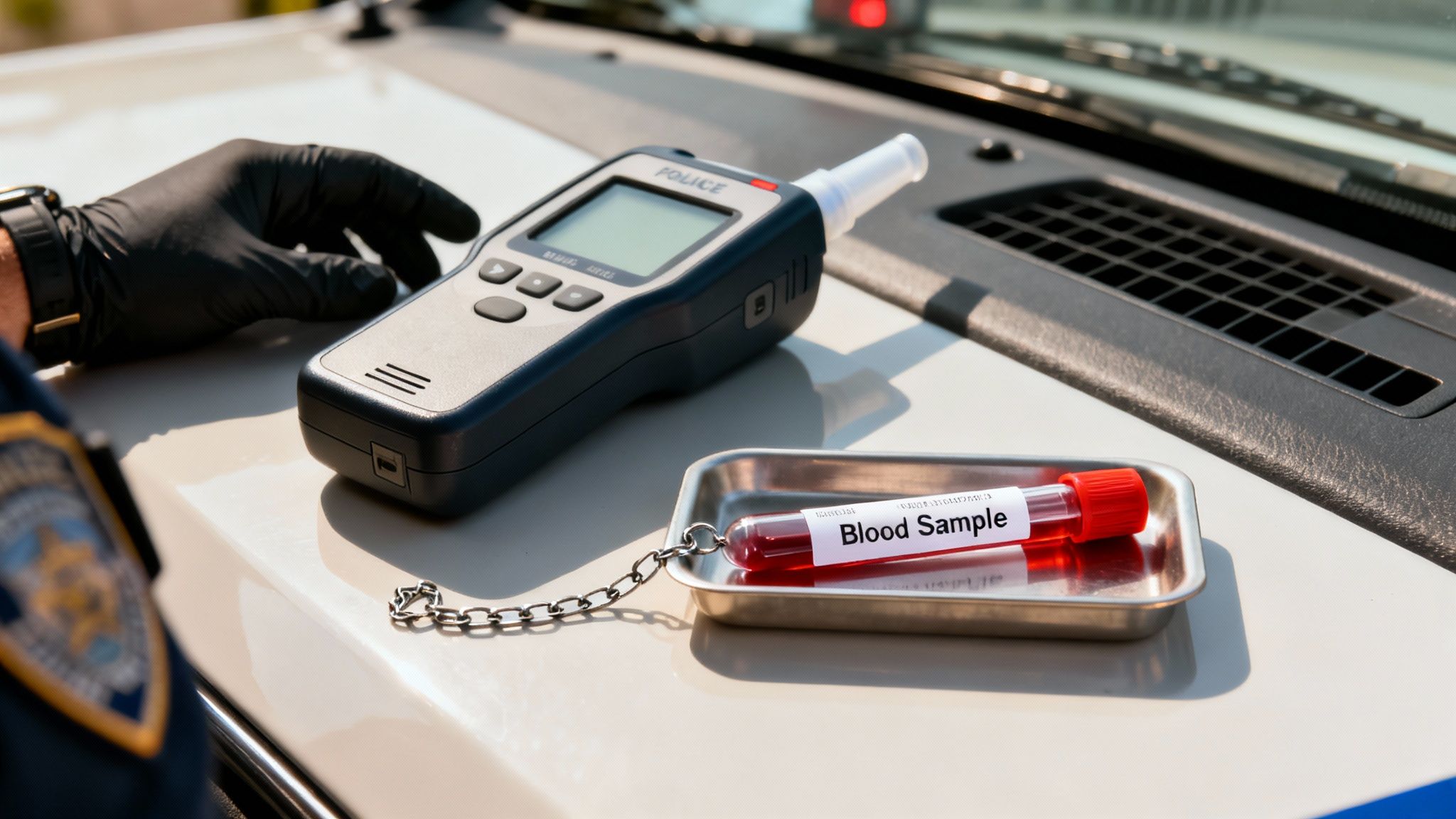 A police officer's gloved hand with a breathalyzer and a blood sample tube for DUI testing.