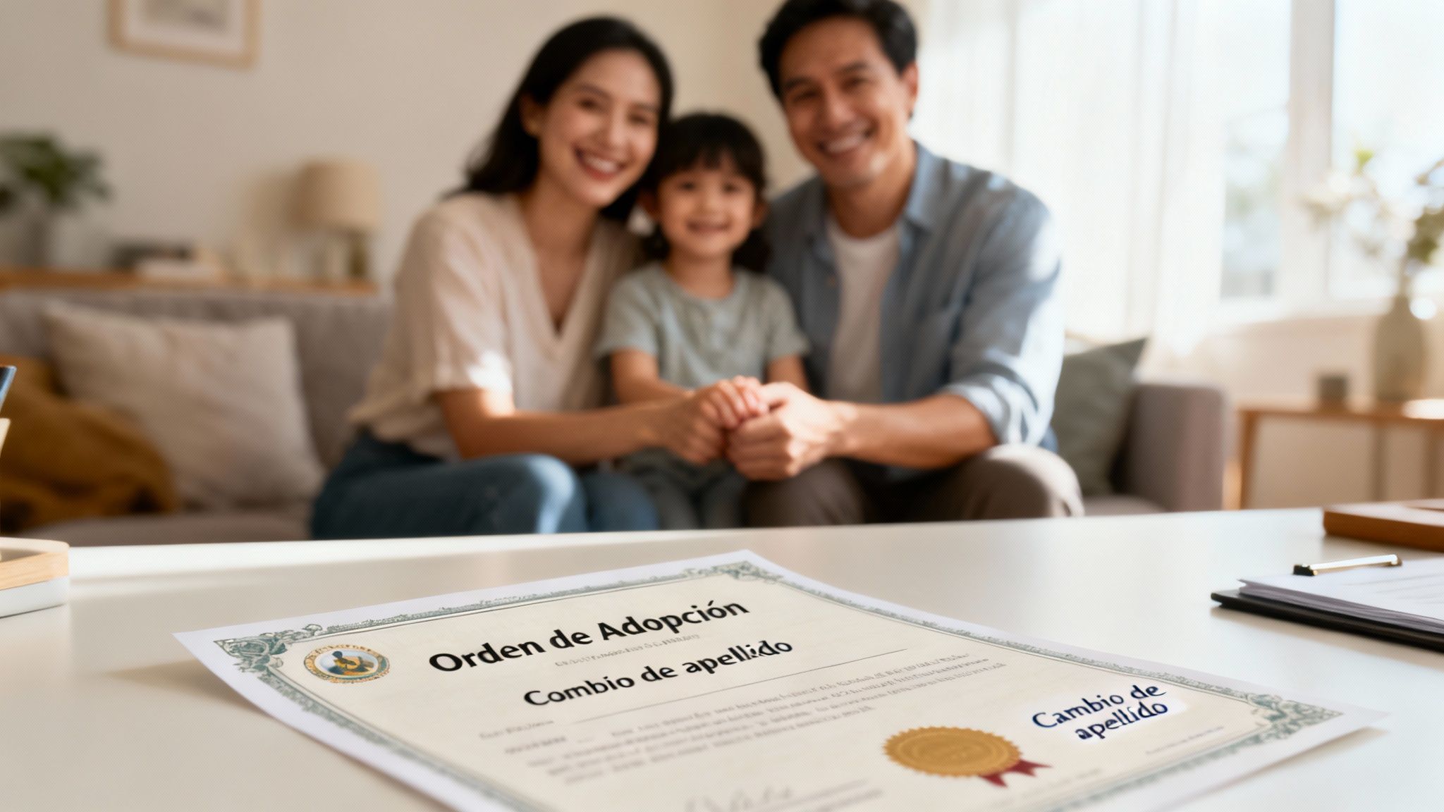Una familia feliz con padres e hija adoptada, y una orden de adopción y cambio de apellido en primer plano.