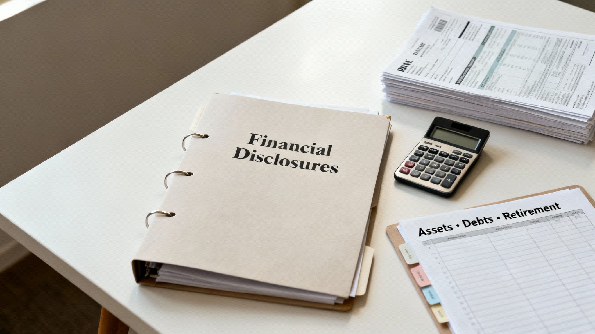 Financial disclosures binder with calculator and asset tracking documents for divorce proceedings