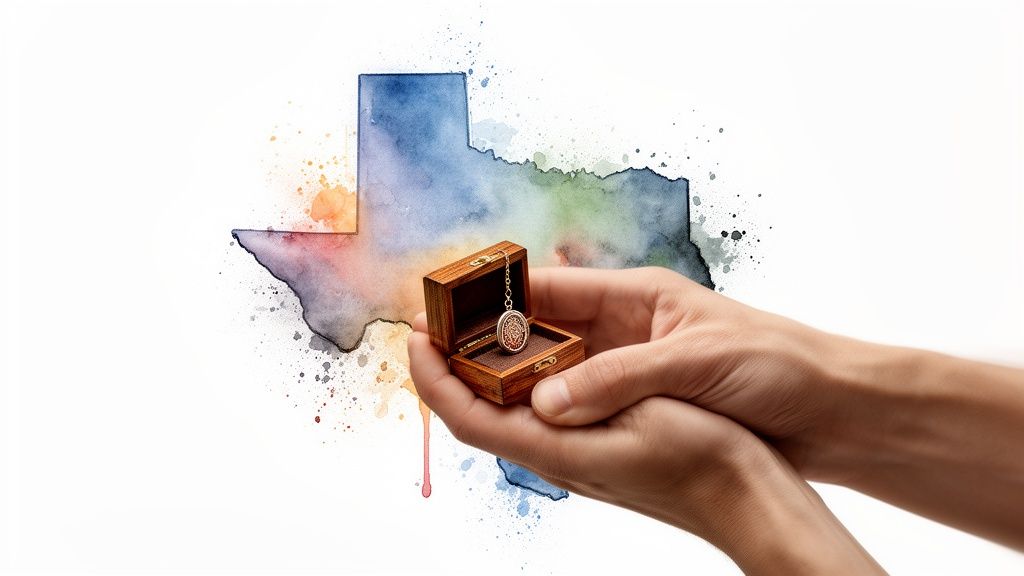 Hands gently hold a small wooden box with a pendant inside, set against a watercolor map of Texas.