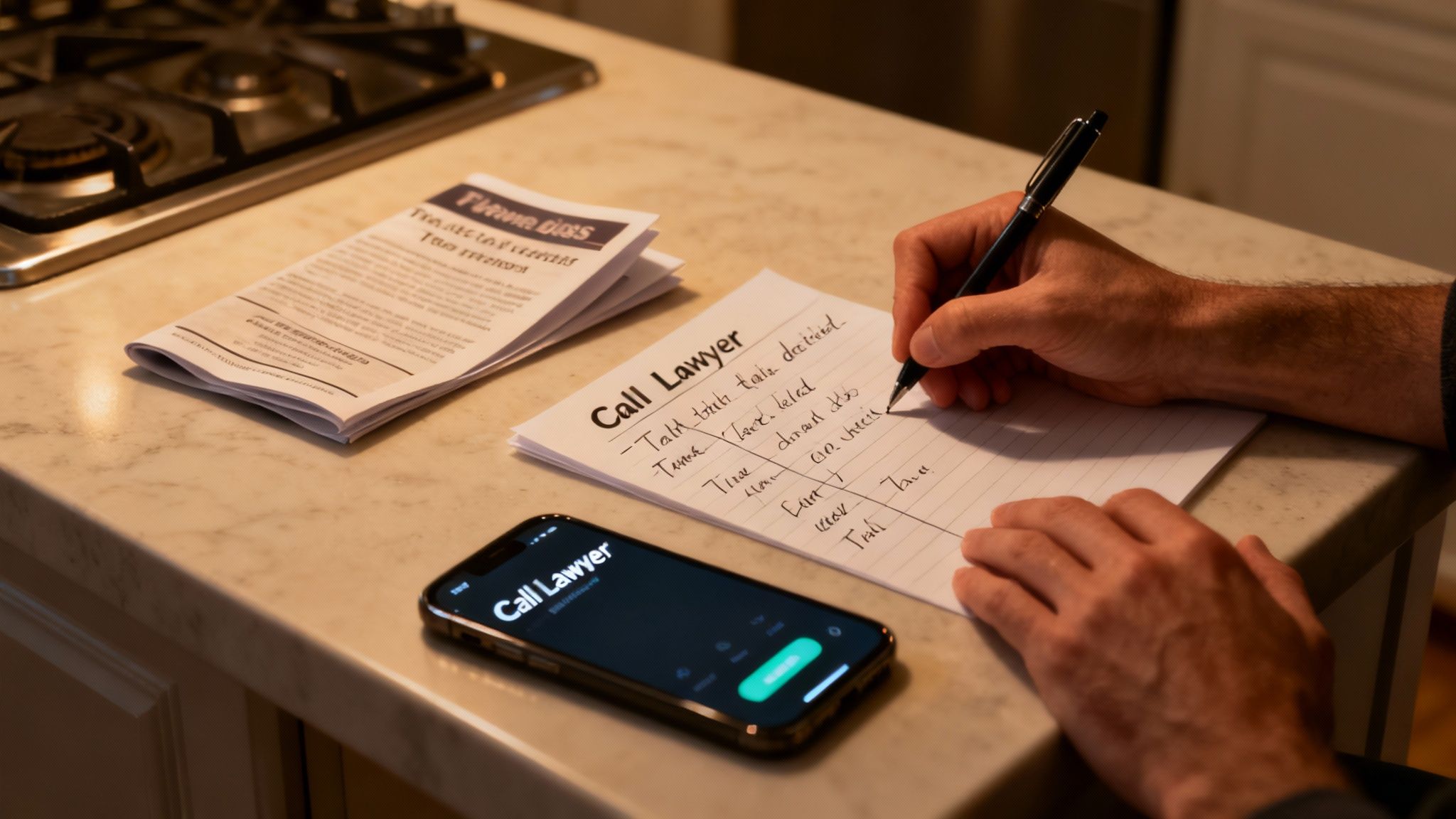 A lawyer reviewing legal documents with a client in an office.