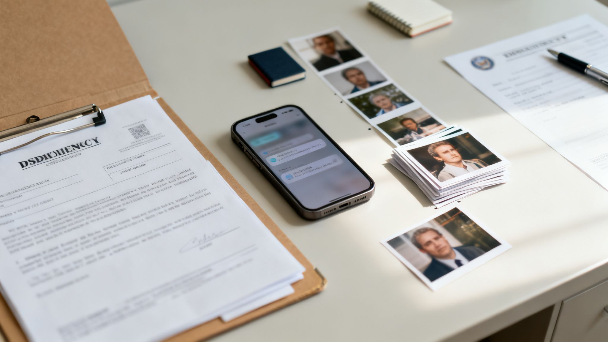 Escritorio de investigación con documentos, teléfono móvil mostrando mensajes y fotos de un hombre.