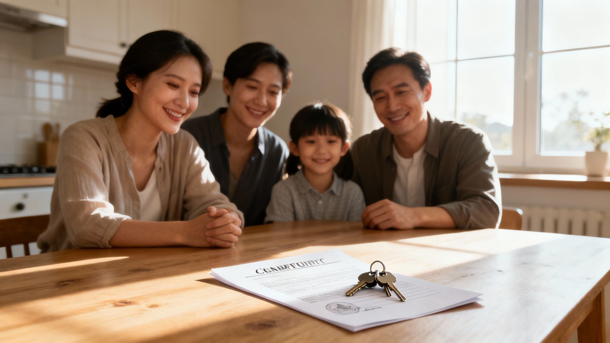 Family celebrating property ownership with keys and legal document on table, symbolizing the muniment of title process in Texas.
