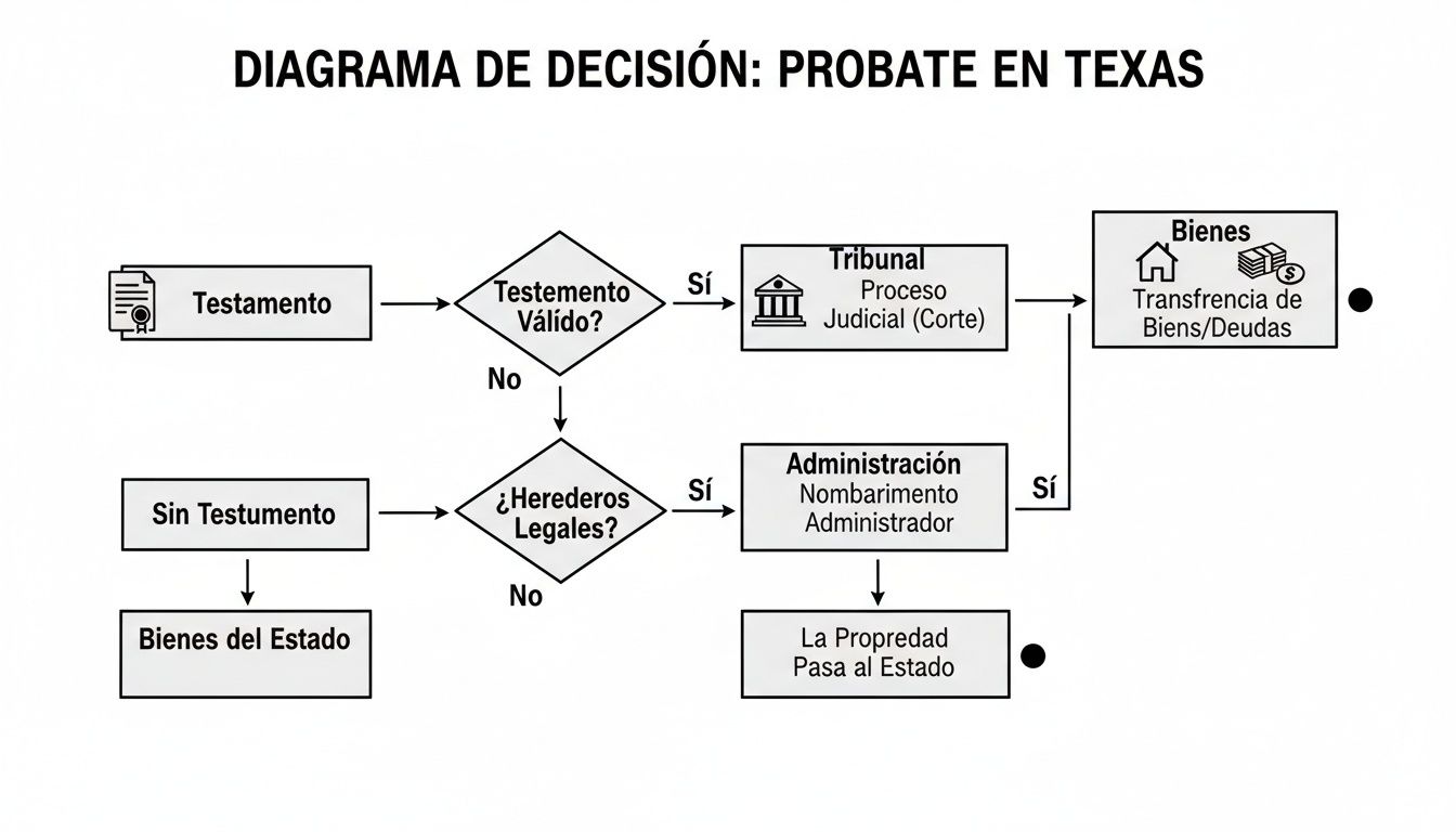 Diagrama de decisión sobre el proceso de sucesión testamentaria en Texas: con y sin testamento, mostrando los pasos legales.