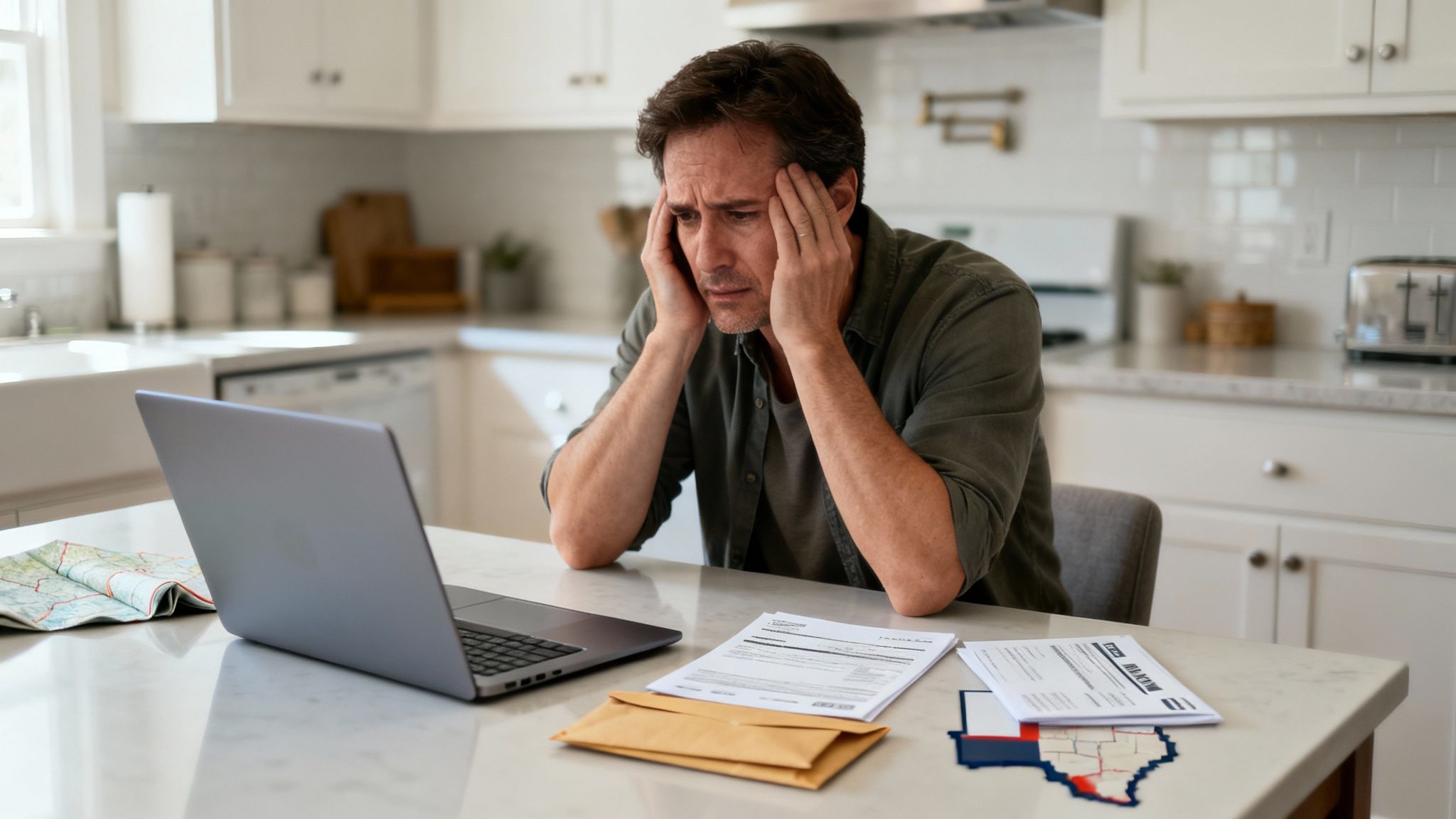 Man looking stressed at a kitchen table with a laptop, financial documents, and a map, illustrating concerns about hidden assets in a Texas divorce.