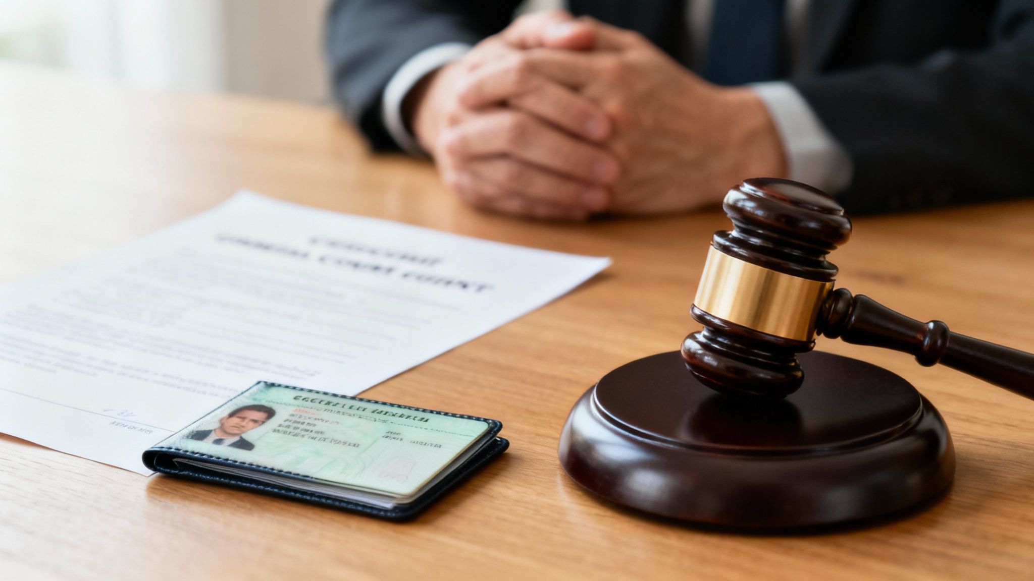 A gavel, legal document, and an ID card rest on a wooden table with a blurred person in the suit in the background.