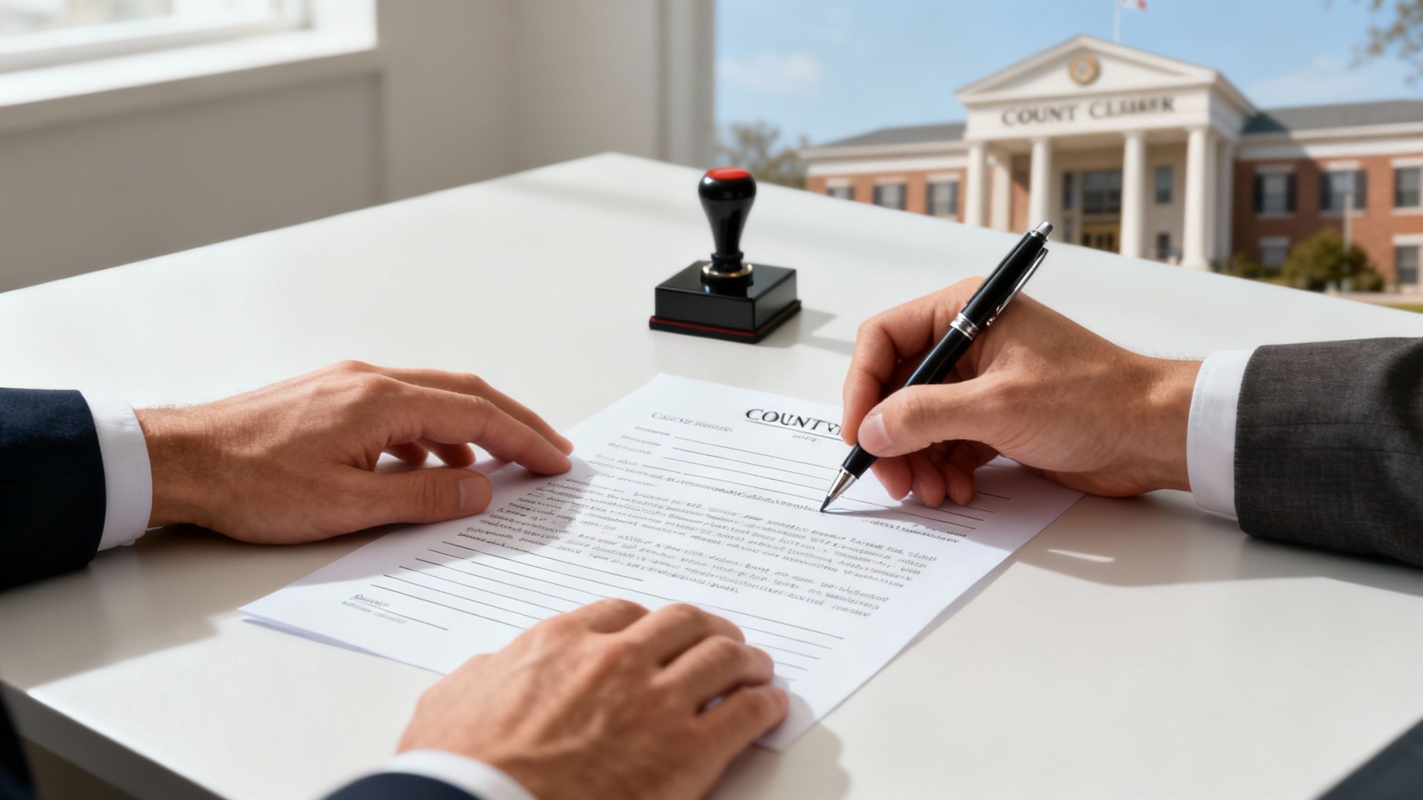 Dos personas firmando un documento legal en un escritorio de madera.