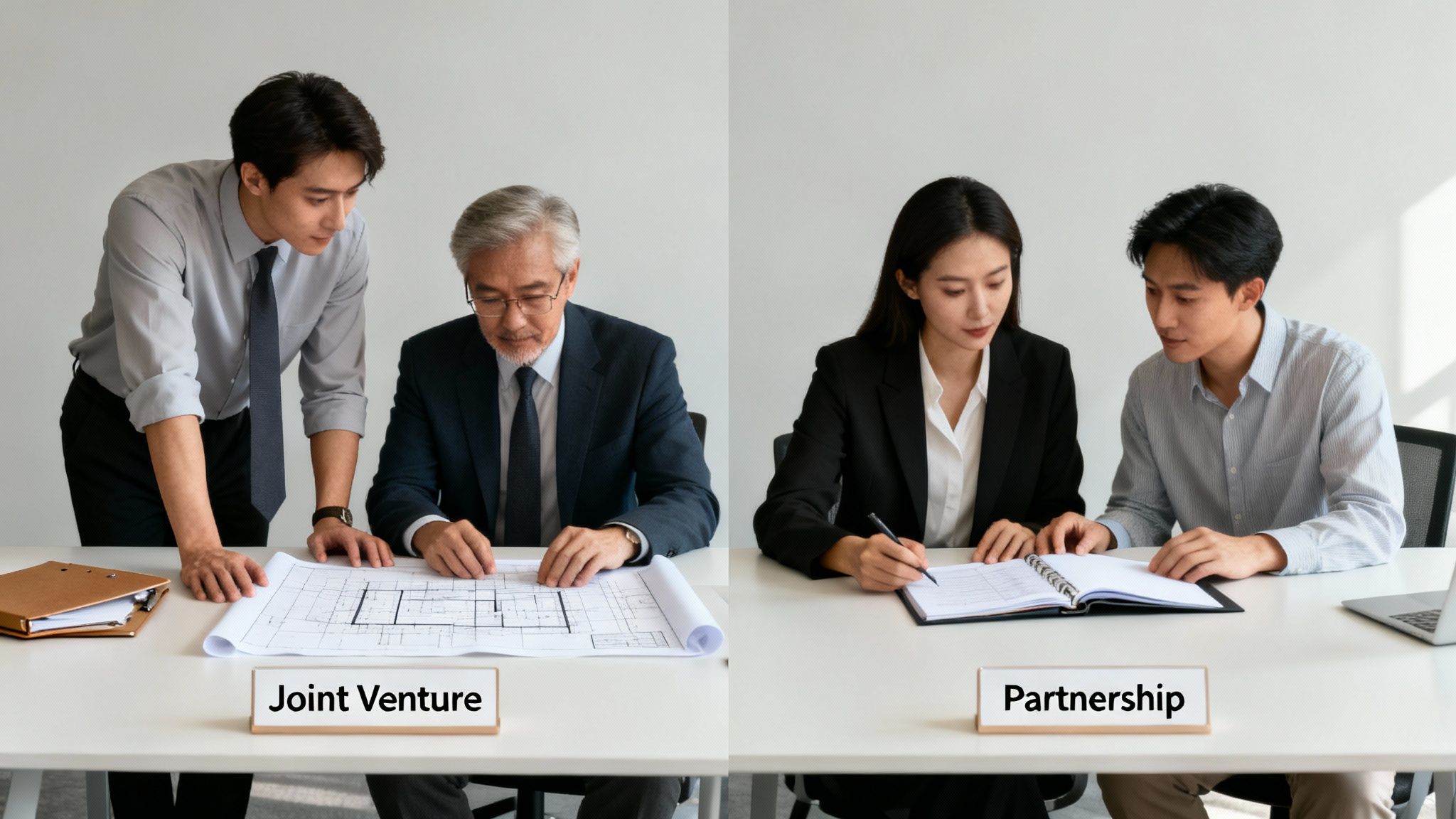 Two groups discussing business structures: one side labeled "Joint Venture" with a blueprint, the other labeled "Partnership" with a notebook, illustrating distinctions between joint ventures and partnerships in Texas law.