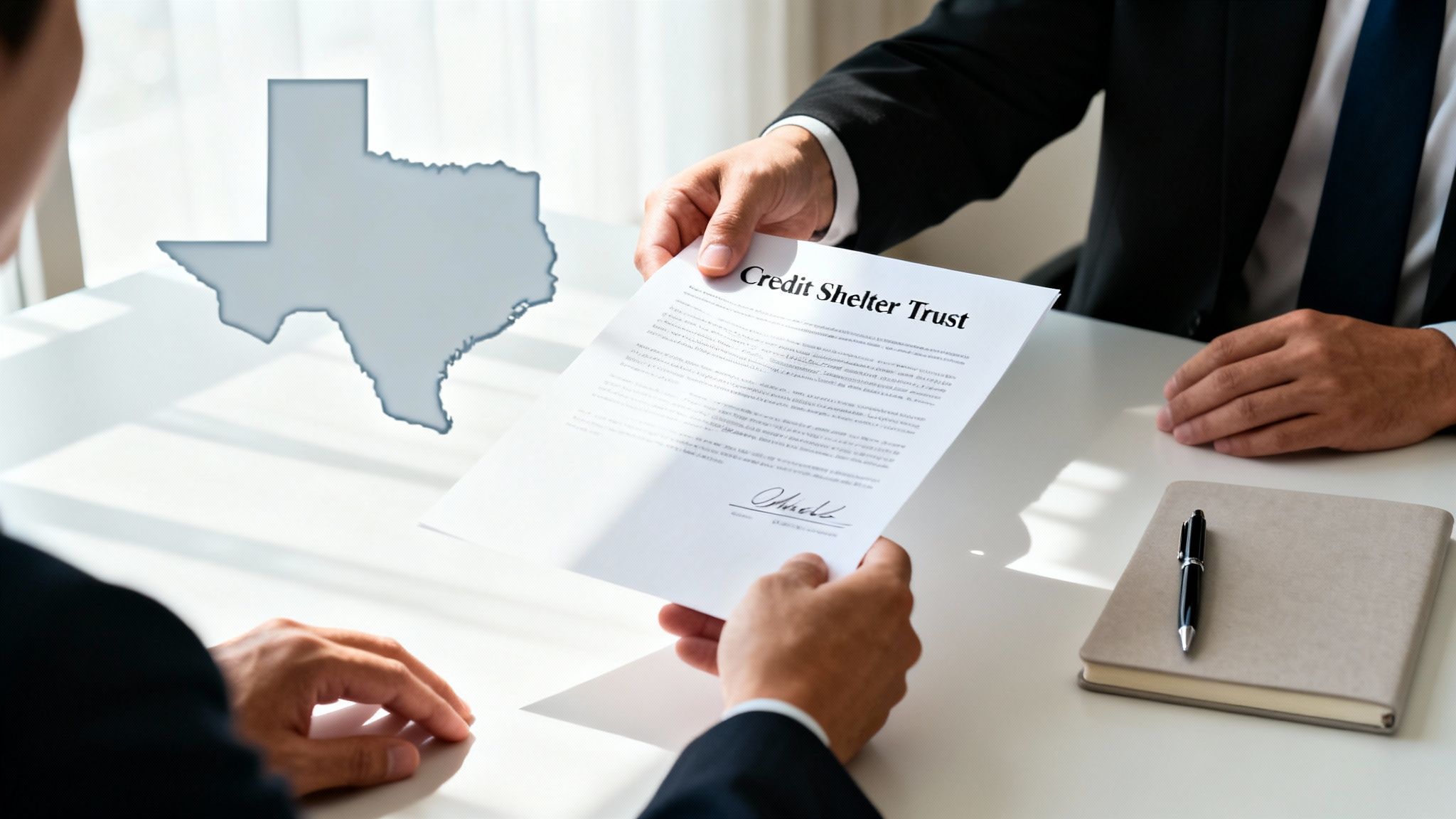 Hands exchanging a document titled "Credit Shelter Trust" with a Texas outline in the background, symbolizing estate planning discussions.