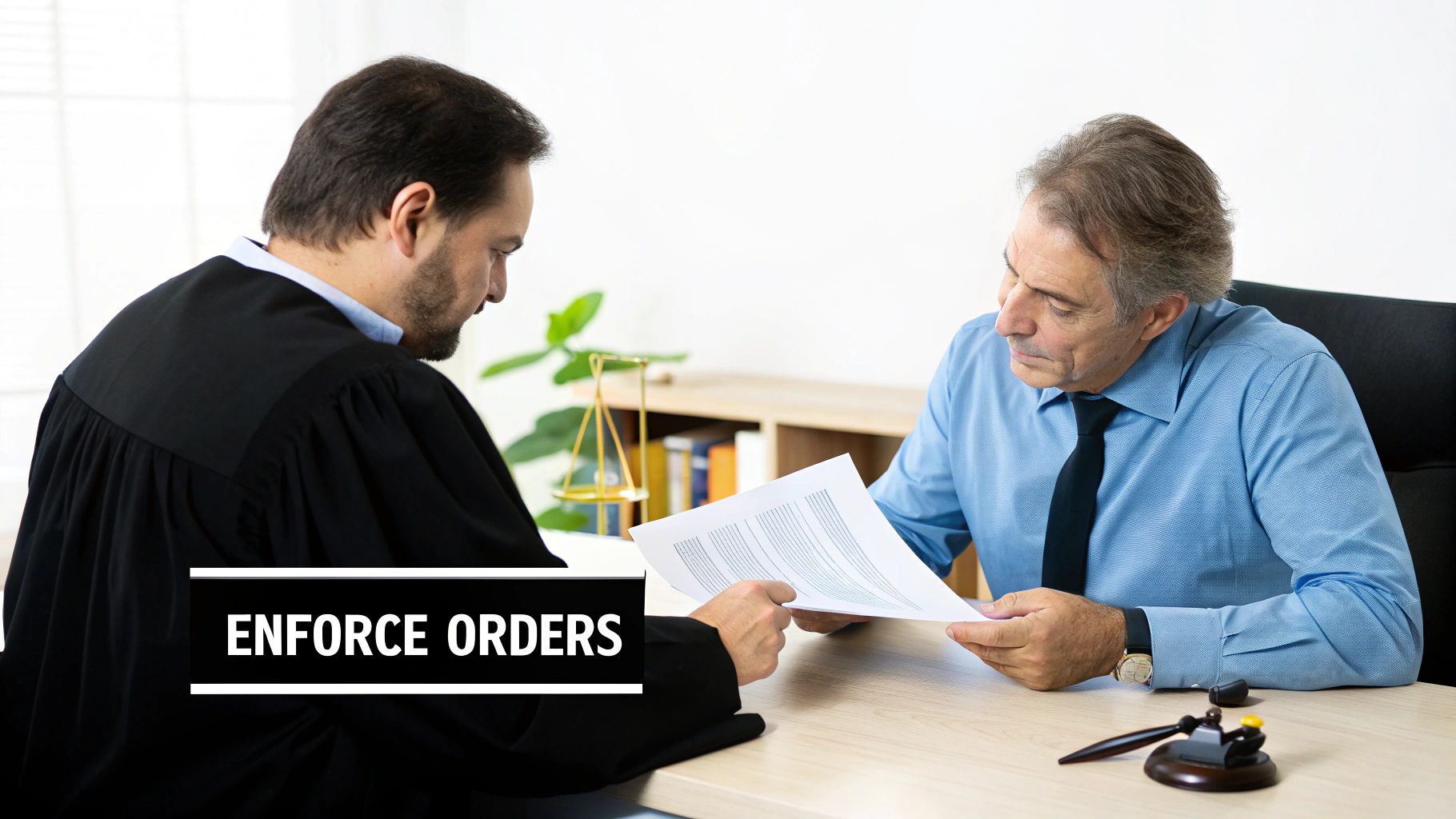 A judge in a black robe and a man review legal documents, with a gavel, symbolizing enforcing orders.