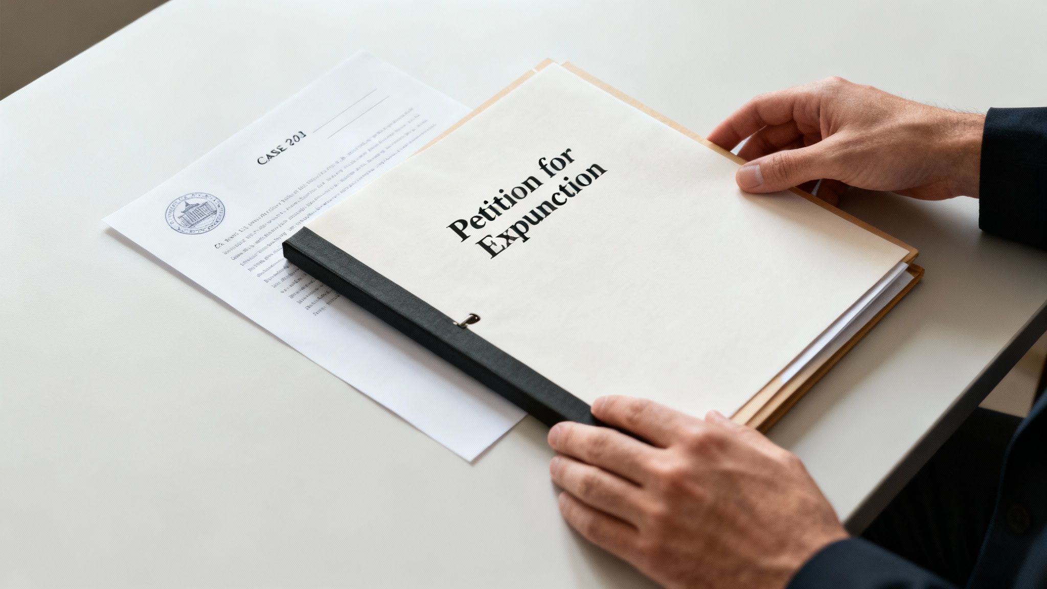 Petition for Expunction document on a table, symbolizing the legal process of record expungement in Texas.