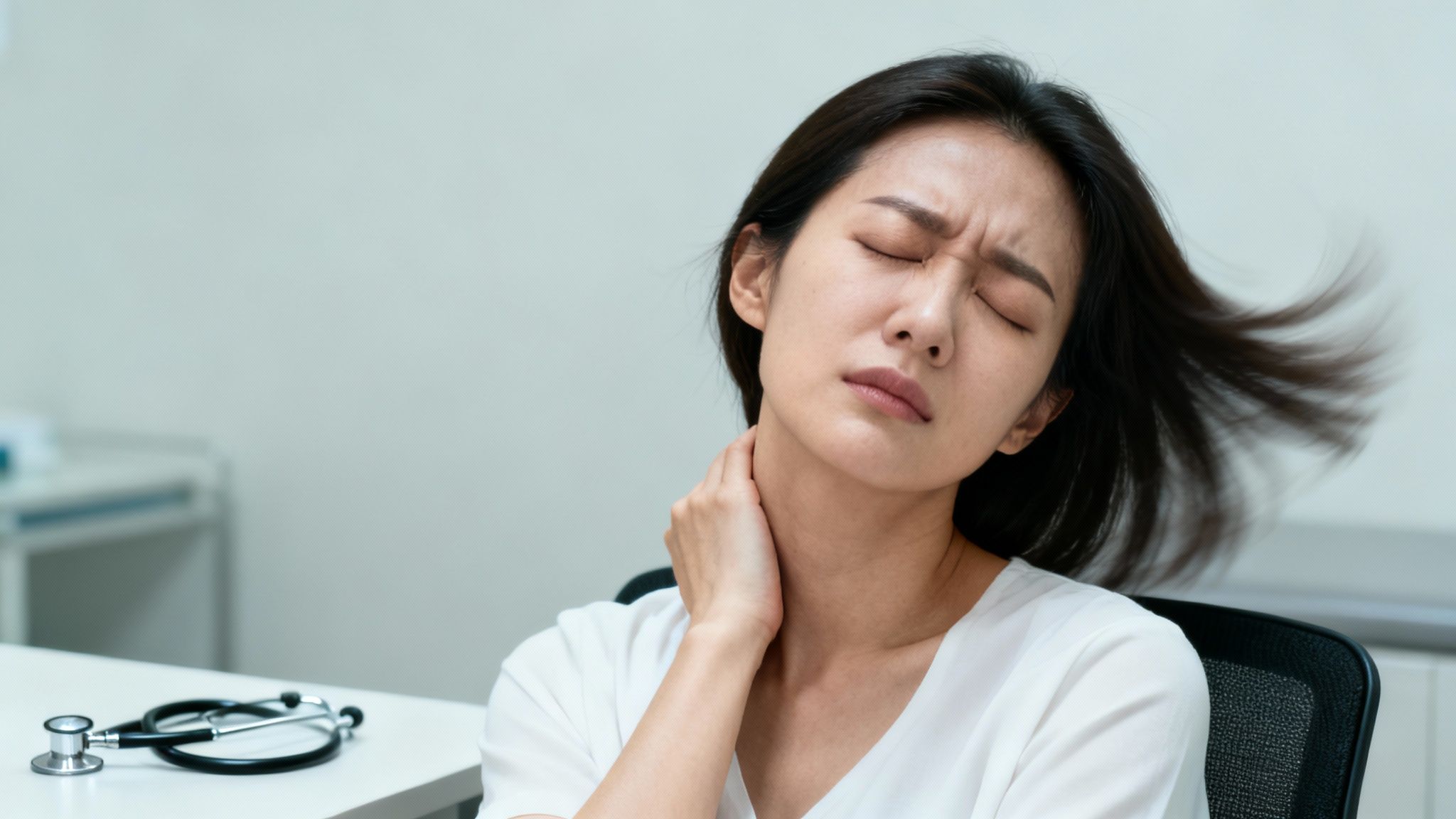 A young woman with a pained expression holds her neck, suggesting whiplash or neck injury.