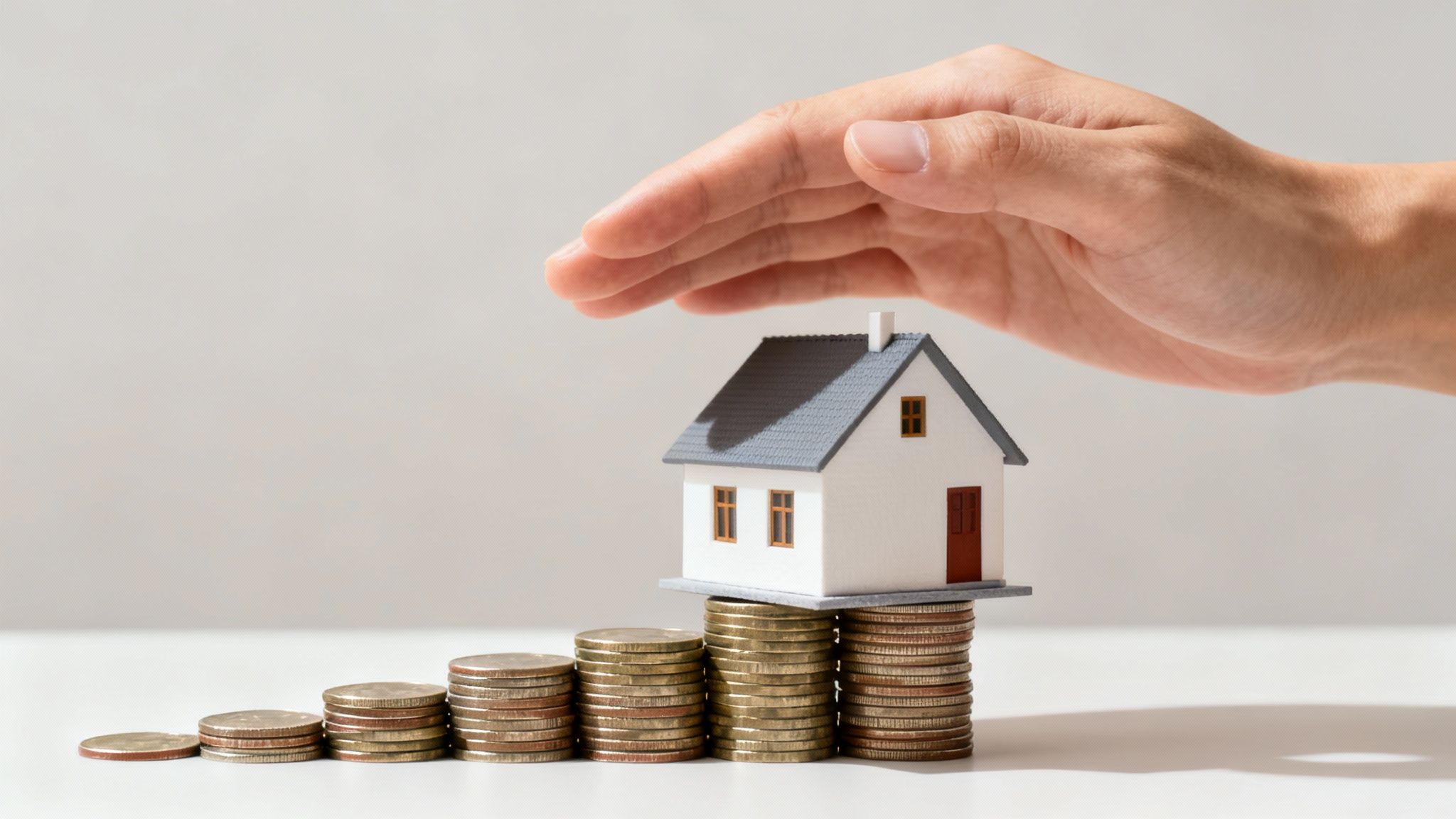A hand covers a miniature house placed on increasing stacks of coins, symbolizing home protection and financial growth.