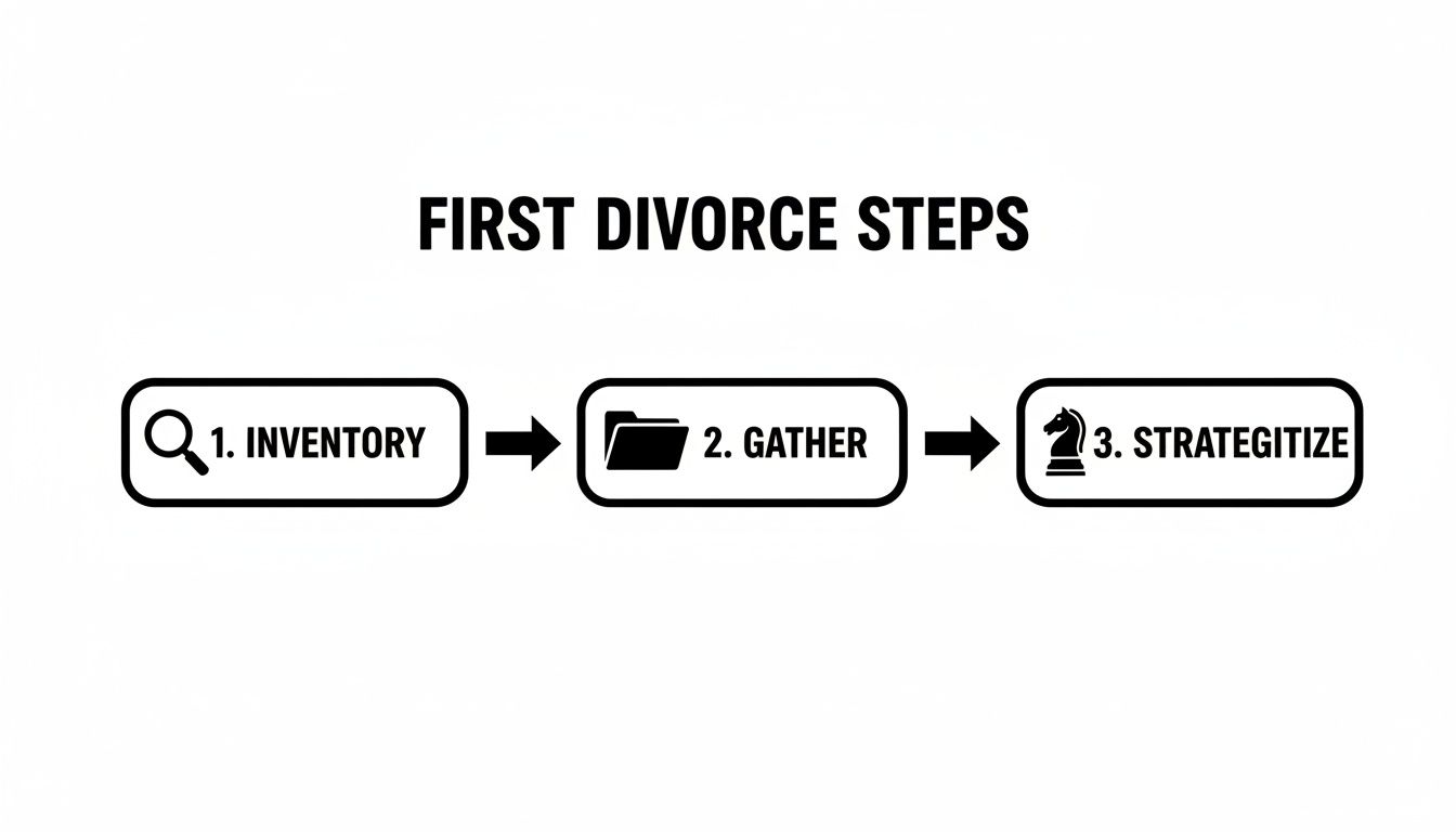 First divorce steps infographic highlighting key actions: inventory assets, gather financial documents, and strategize for asset protection during divorce in Texas.