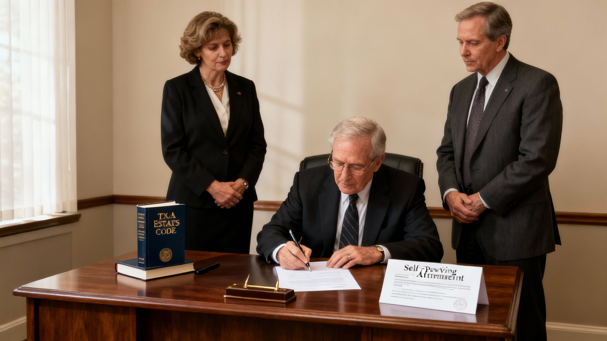 Two people signing a legal document at a formal wooden table, with a third person observing.