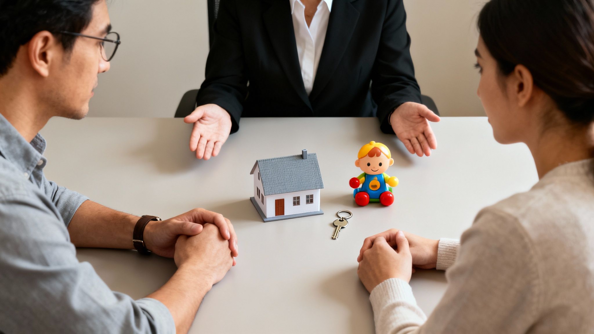 A couple and a mediator discussing a house, key, and child toy, representing divorce mediation.