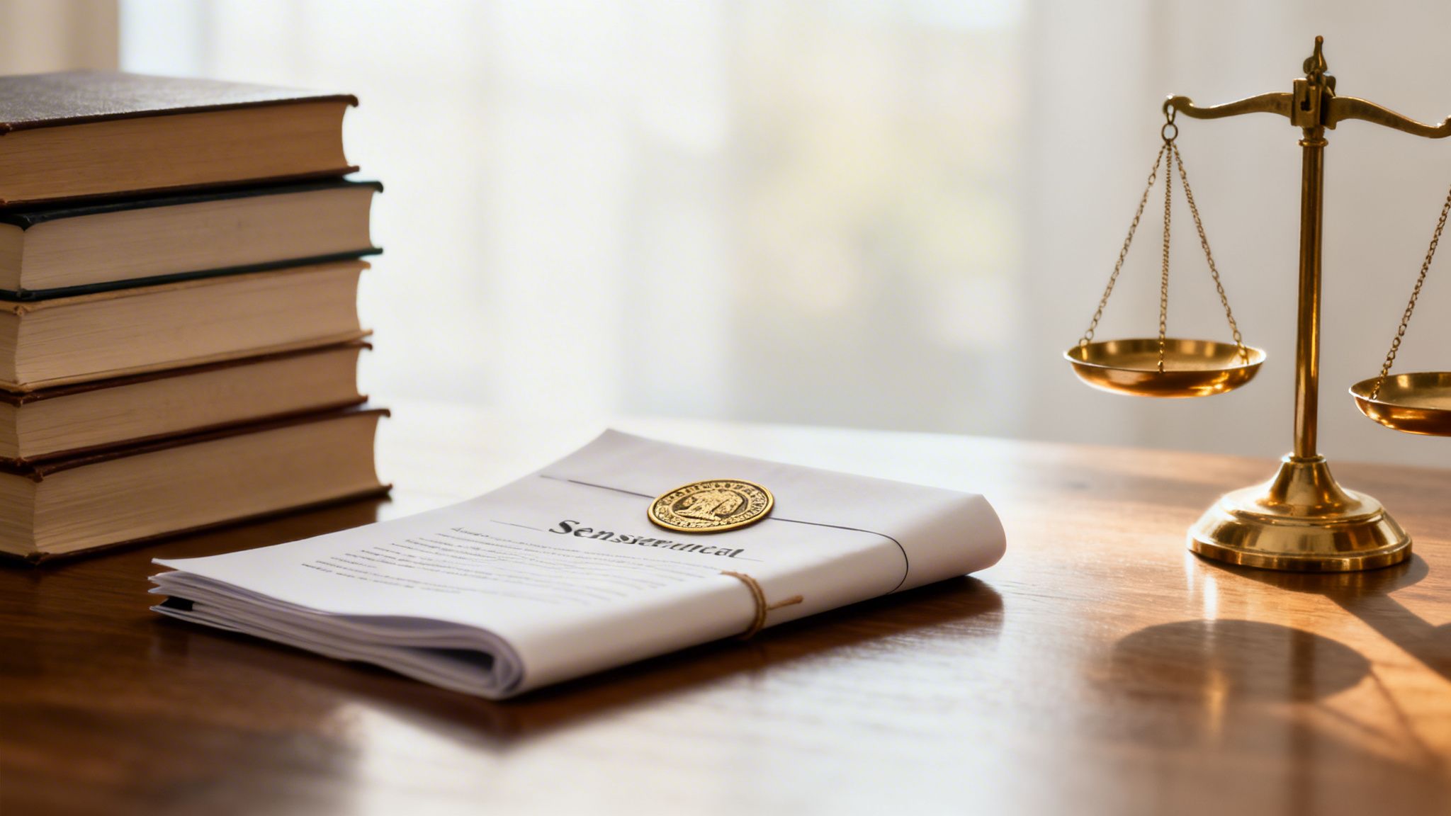 A stack of law books, a sealed legal document, and a golden scale of justice on a wooden desk.