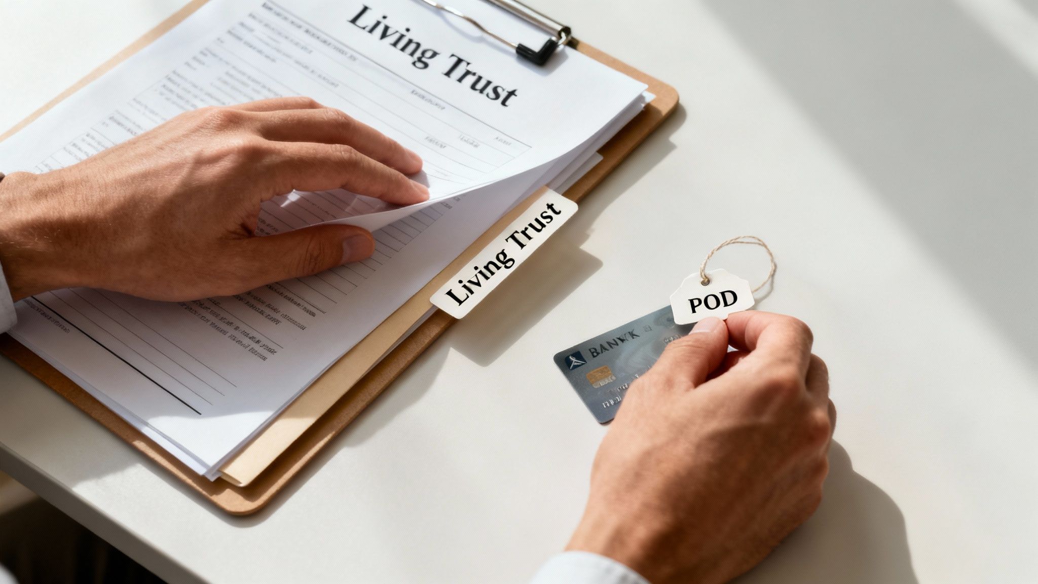 A person reviewing estate planning documents at a desk, looking confident.