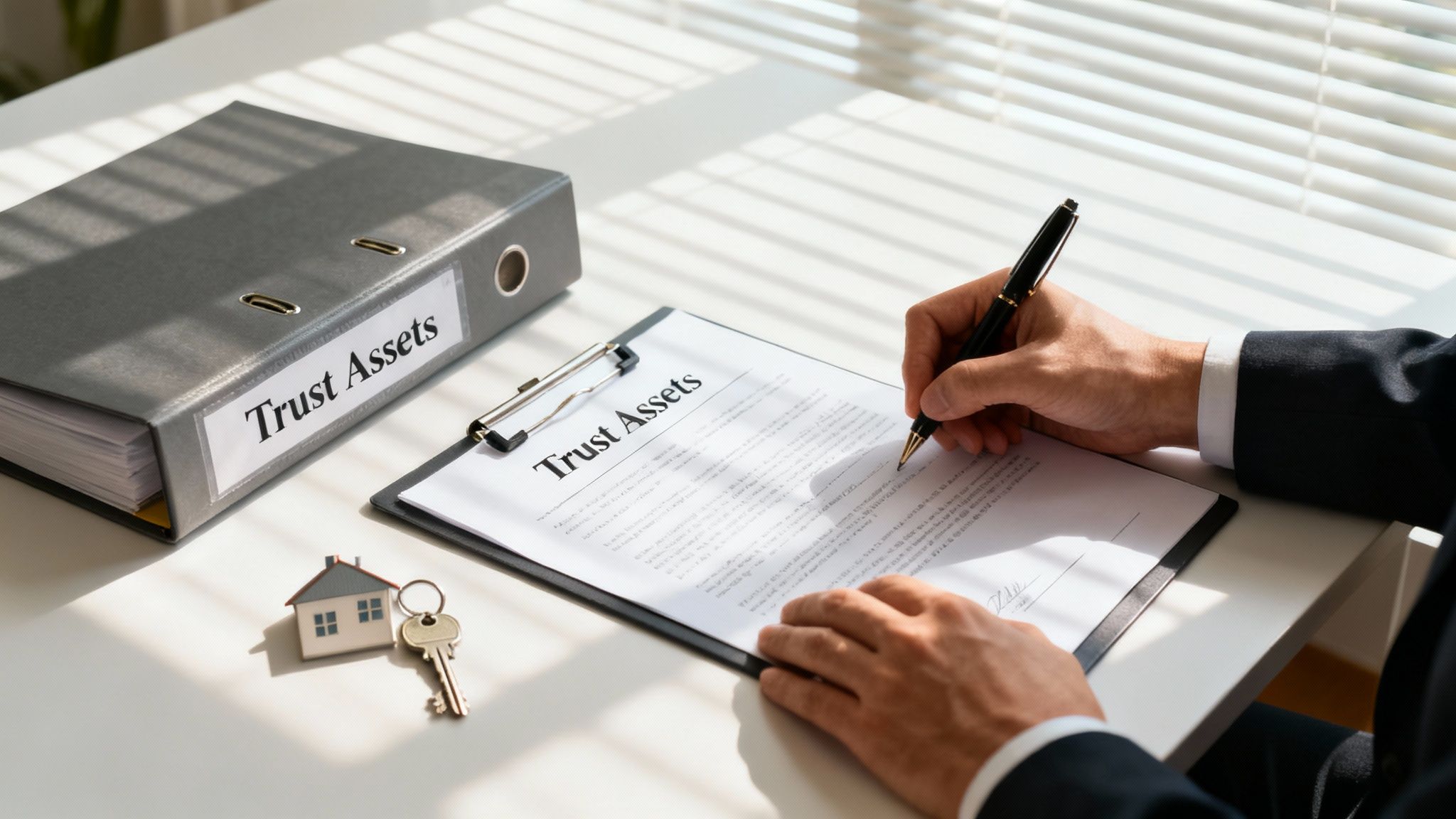 A person in a suit signs a "Trust Assets" document, with a matching folder, house model, and key on a desk.