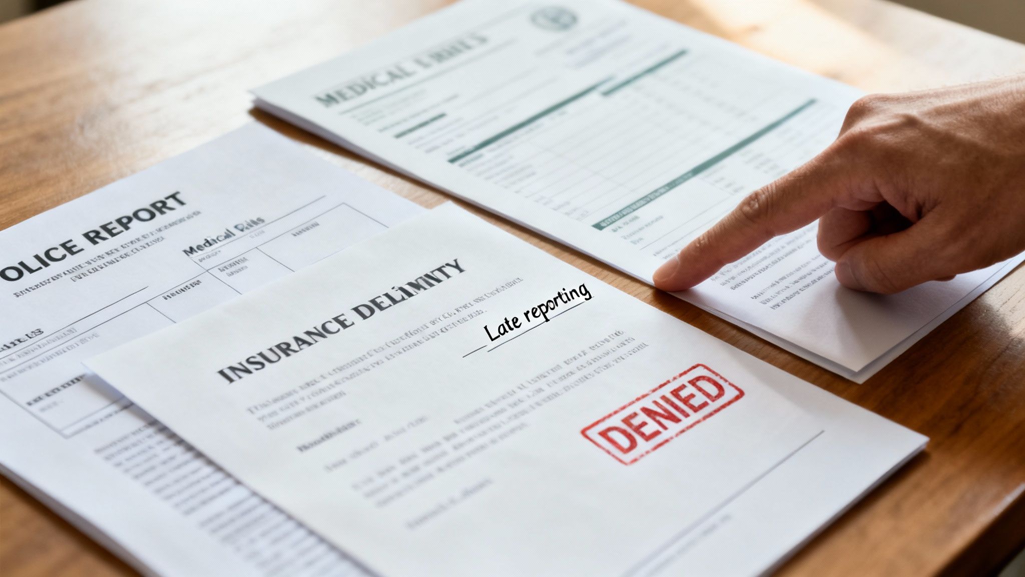 Hand pointing at a denied insurance claim document due to late reporting, with medical bills.