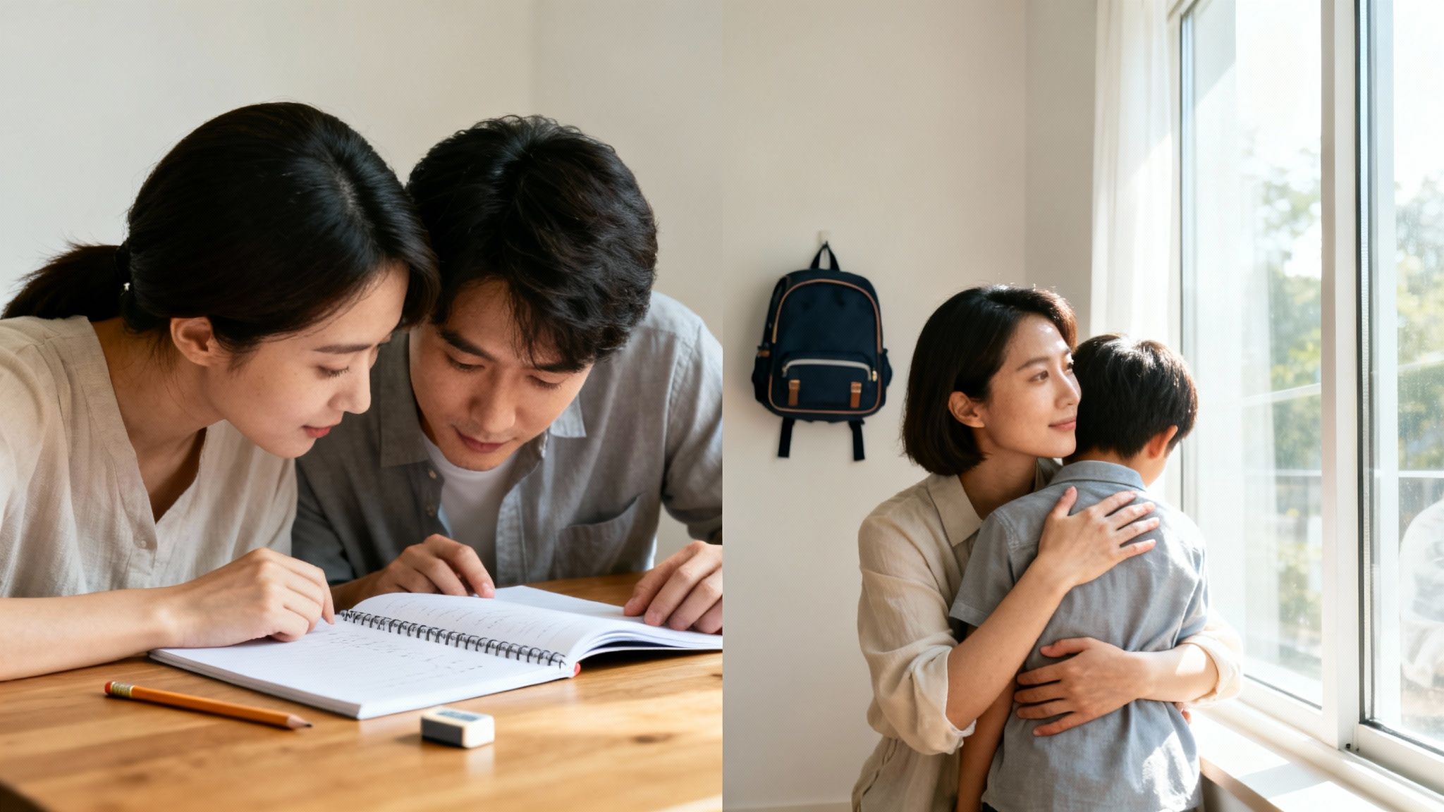 Padres asiáticos ayudan a su hijo a estudiar, mientras una madre consuela a su niño mirando por la ventana.