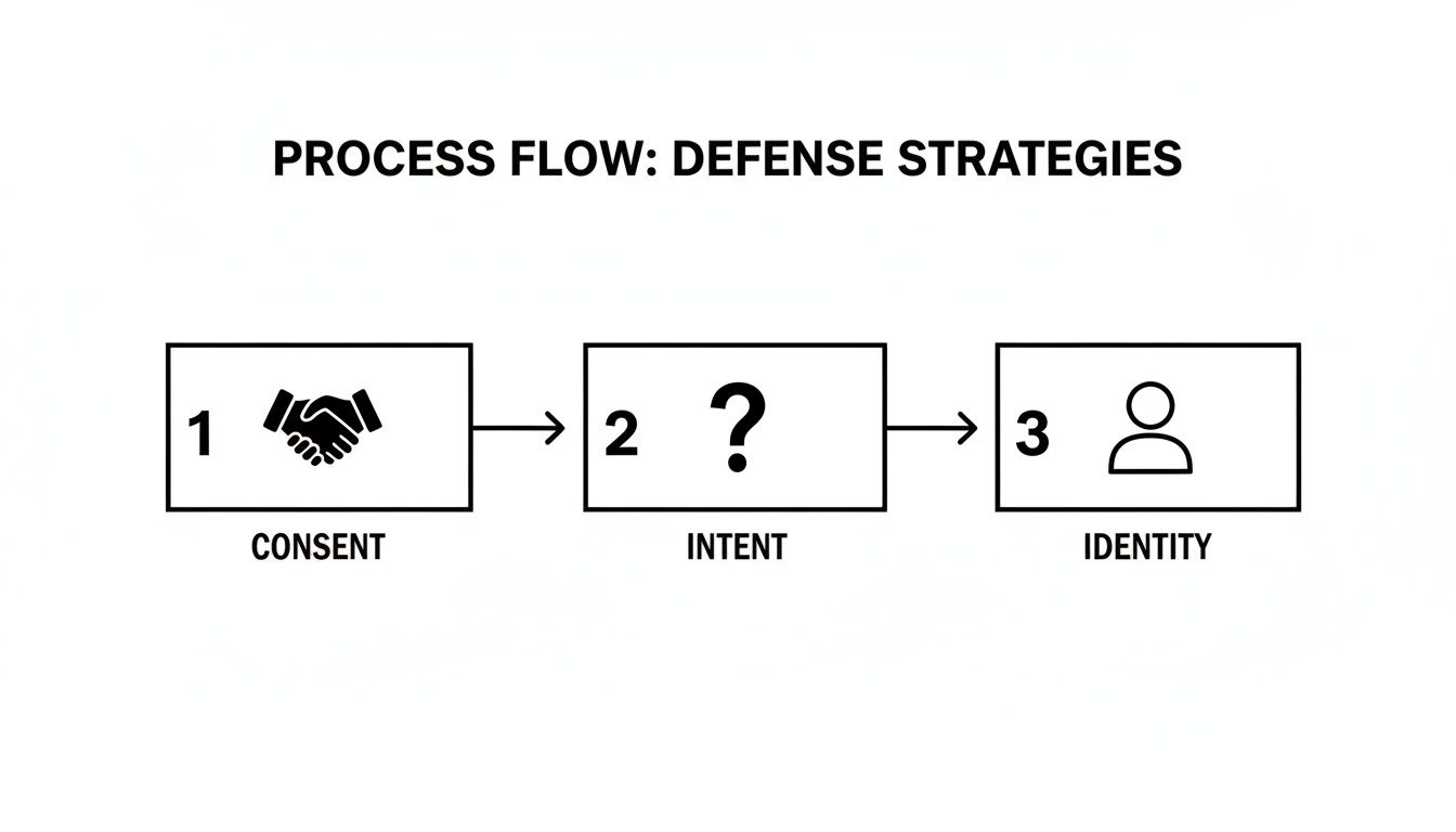 Process flow diagram showing defense strategies with steps: Consent, Intent, and Identity.