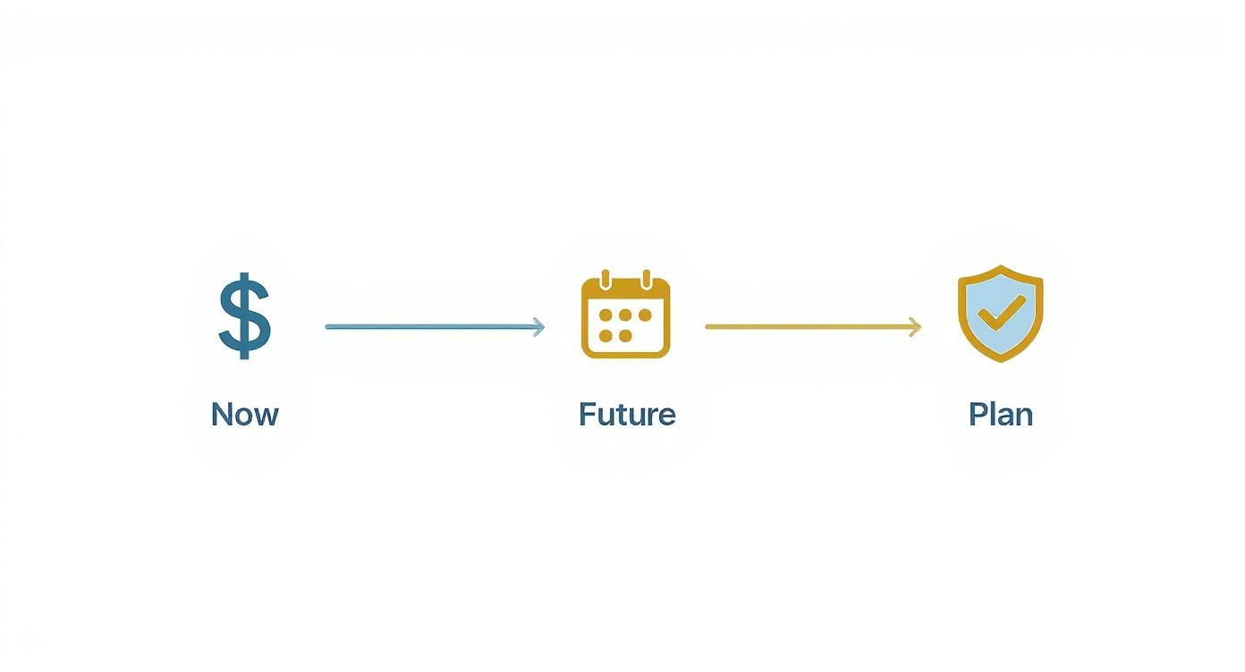 Financial planning timeline illustrating the importance of asset protection, showing "Now," "Future," and "Plan" with dollar sign, calendar, and shield icons.
