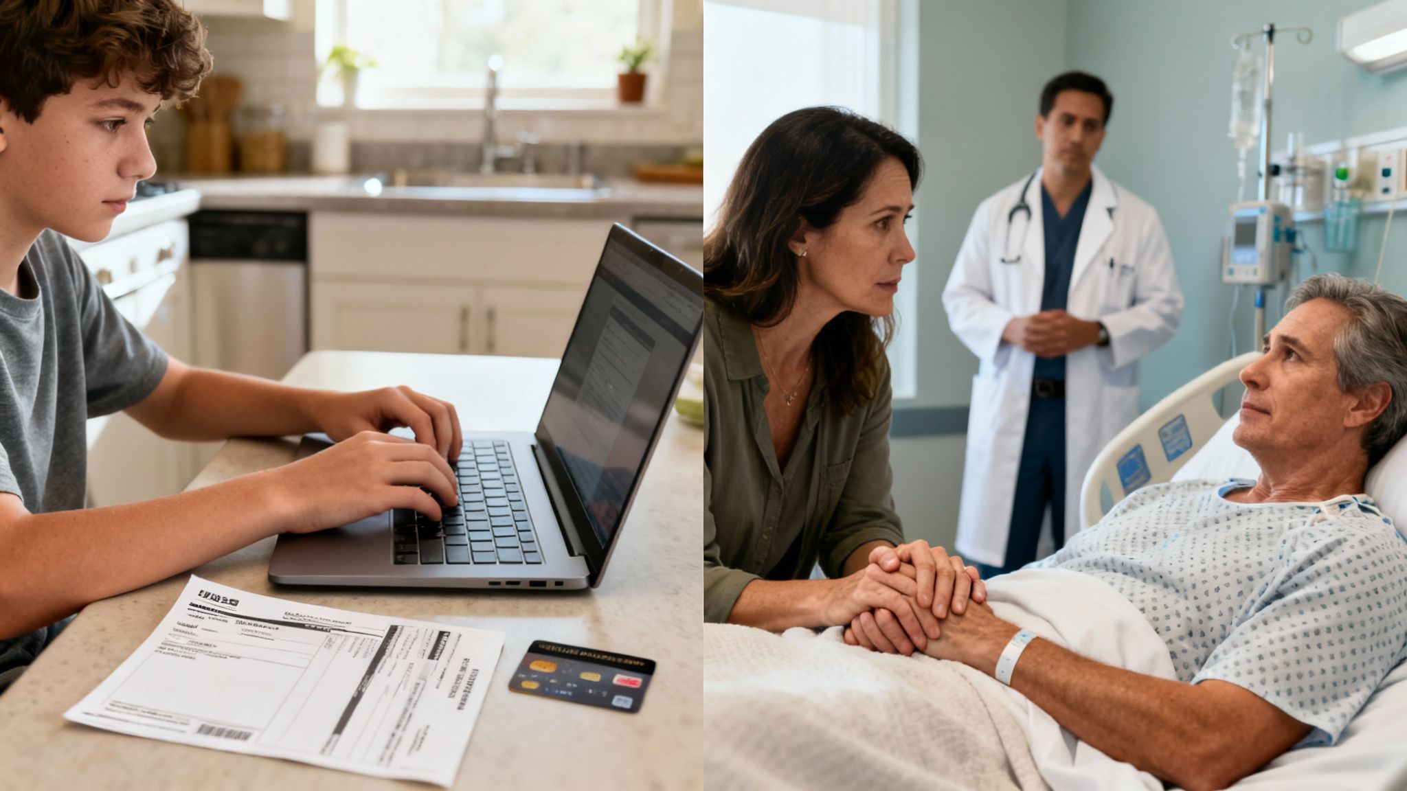 A teenager uses a laptop and deals with bills, while an older man is in a hospital bed with family.