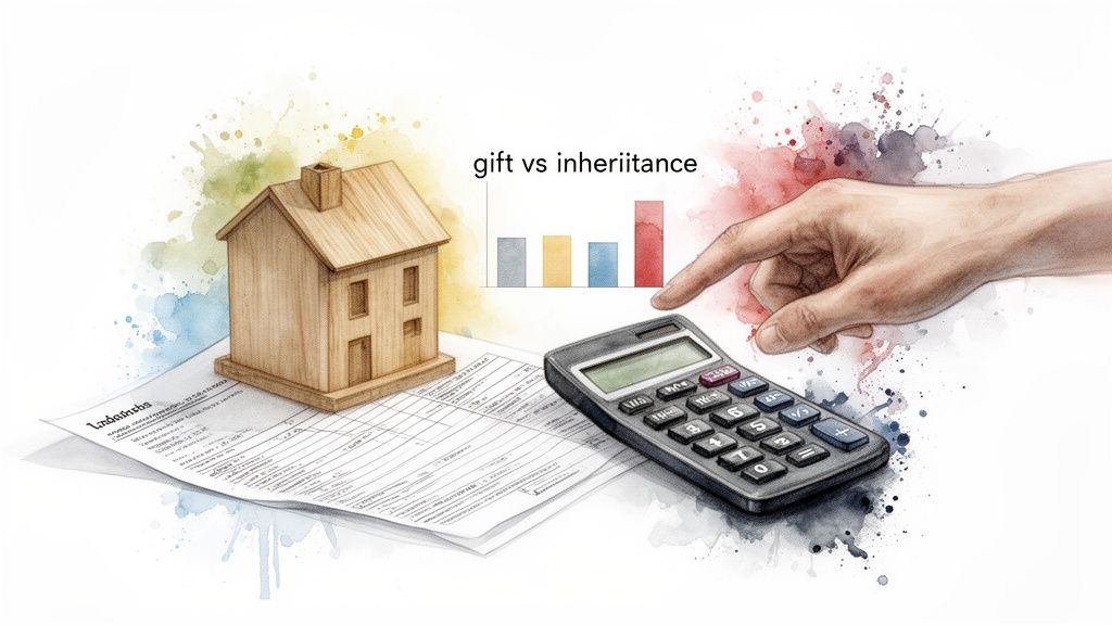 A hand points at a 'gift vs inheritance' graph next to a house model, calculator, and documents, illustrating property transfer decisions.