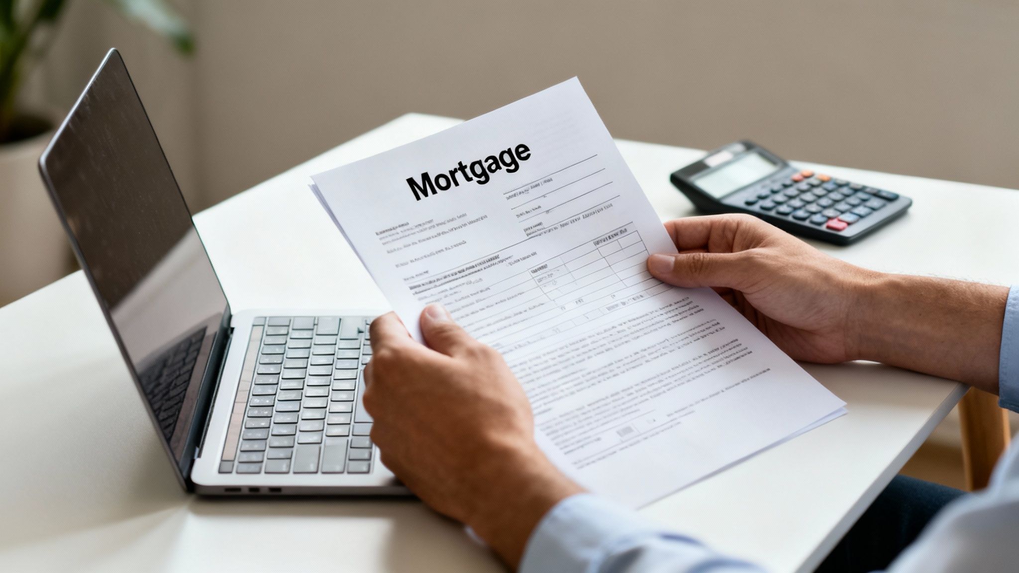 Person reviewing a mortgage document, with a laptop and calculator on a desk, for financial planning.