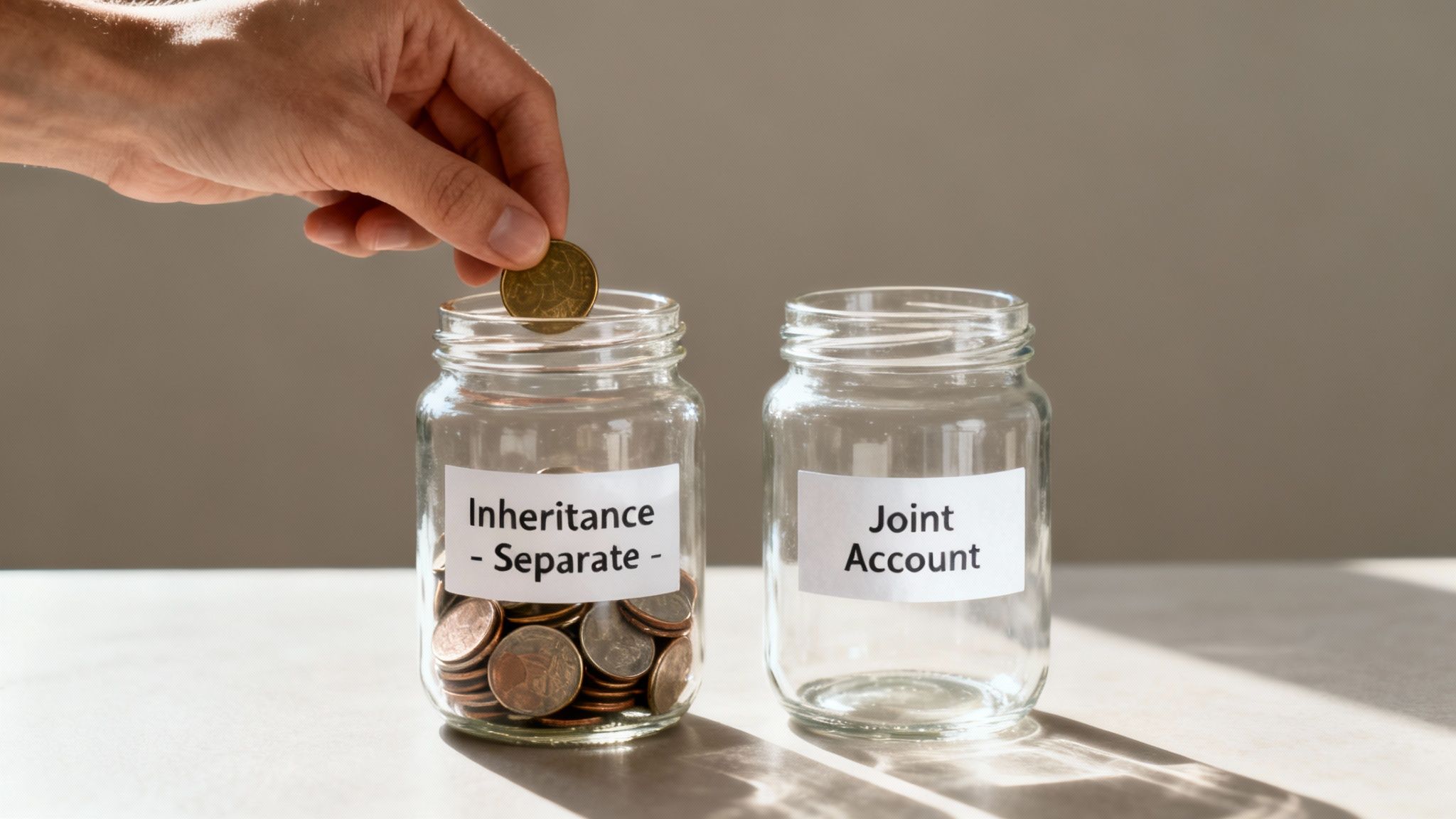 A hand puts a coin into a 'Inheritance - Separate' jar full of money, beside an empty 'Joint Account' jar.
