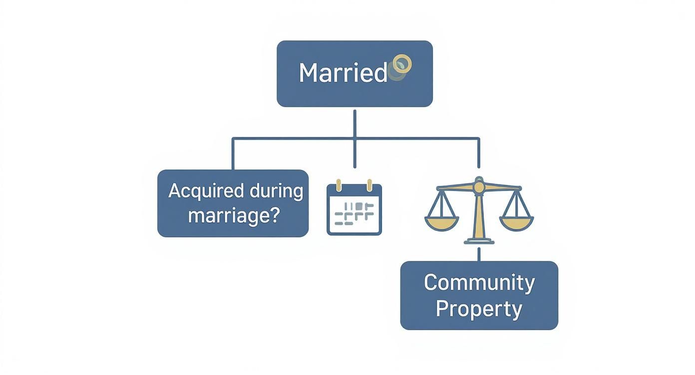 Flowchart showing married status leading to community property determination through acquisition timing and date evaluation