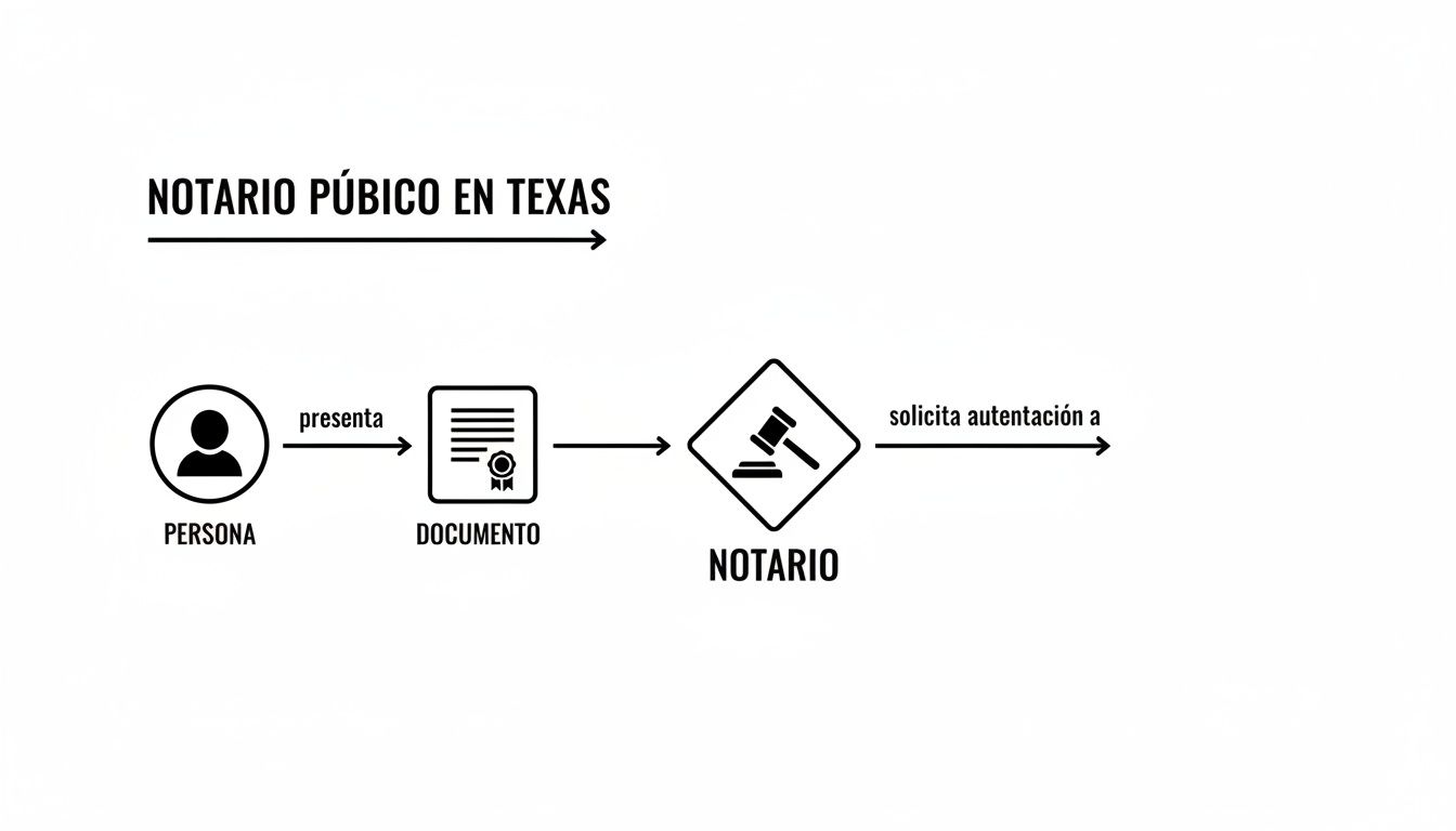 Diagrama que ilustra el proceso de un notario público en Texas: una persona presenta un documento al notario para autenticación.