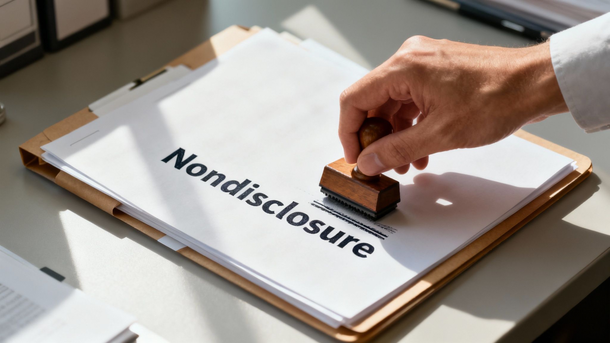 Hand stamping "Nondisclosure" on legal documents, symbolizing the process of securing privacy after a criminal case dismissal in Texas.