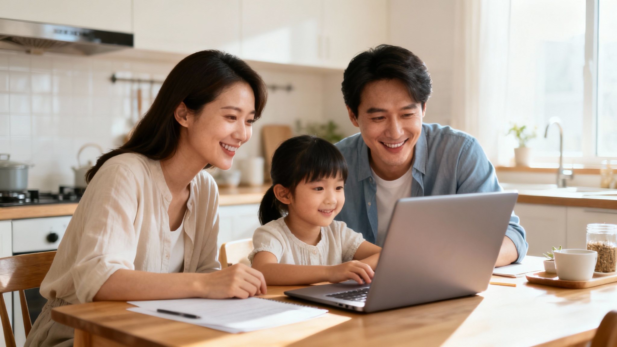 A happy Asian family uses a laptop together in a bright kitchen, with the daughter typing.