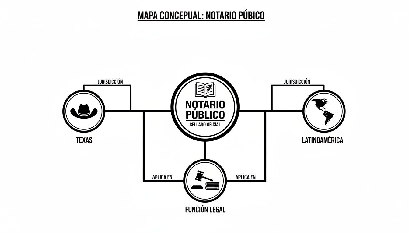 Mapa conceptual que describe al Notario Público, su jurisdicción en Texas y Latinoamérica, y su función legal.