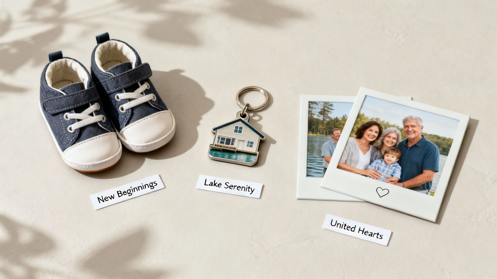 Baby shoes labeled "New Beginnings," house keychain labeled "Lake Serenity," and family photos labeled "United Hearts," symbolizing family milestones and legacy in estate planning.