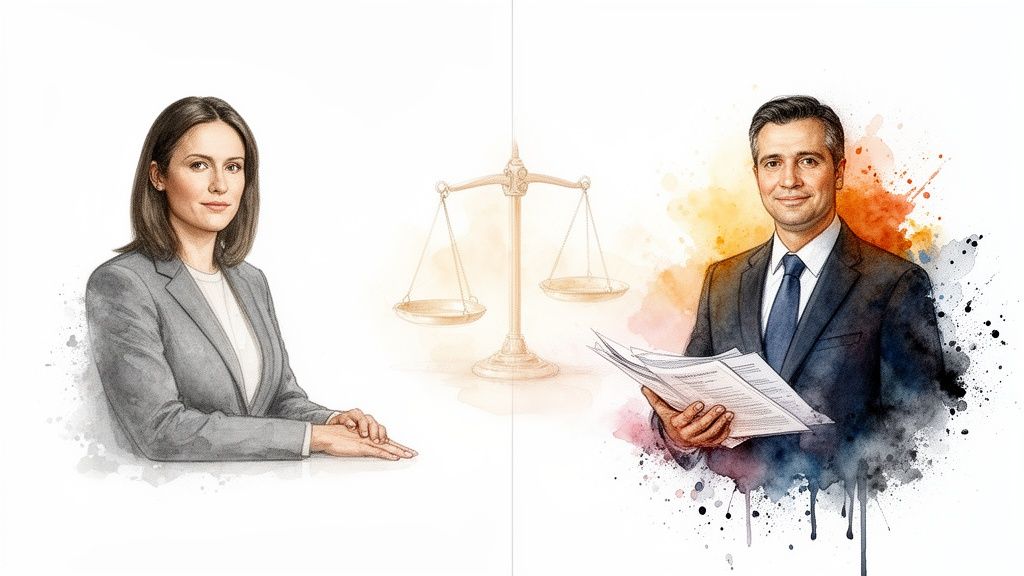 Watercolor illustration of a female and male lawyer with a scale of justice, representing legal professionals.