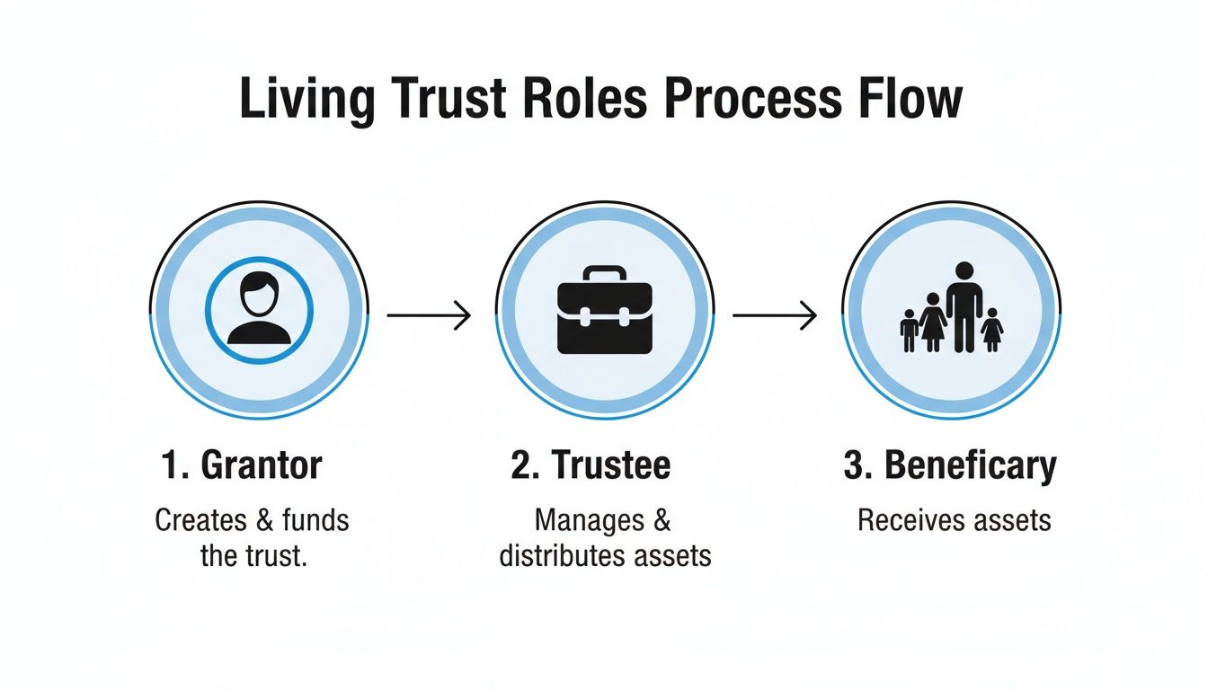 Diagram explaining the three key roles in a living trust process: grantor, trustee, and beneficiary.
