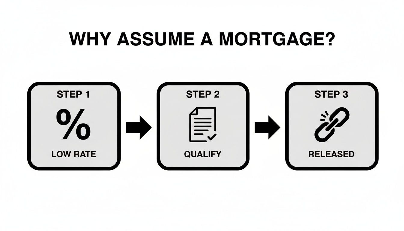 A flowchart titled 'WHY ASSUME A MORTGAGE?' showing three steps: Low Rate, Qualify, and Released.
