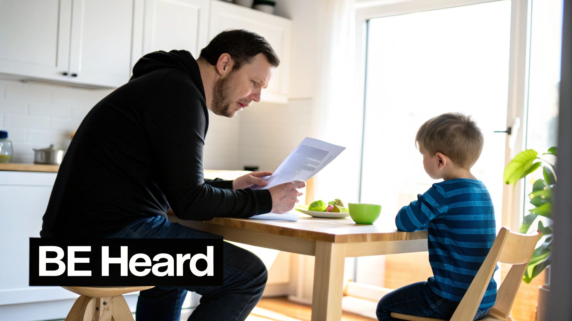 A man reads legal papers at a kitchen table while a child sits opposite, looking towards a bright window.