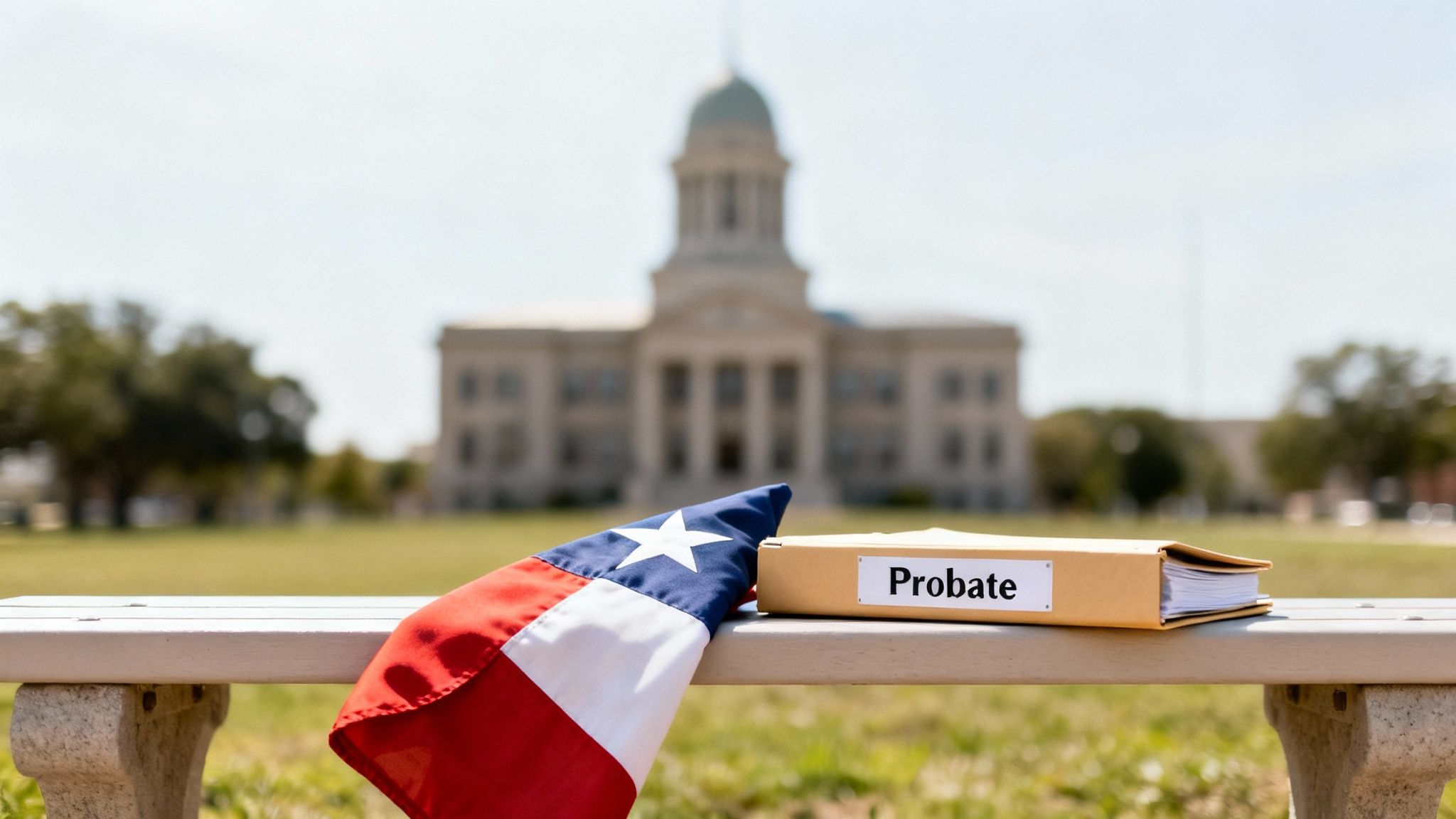 A Texas flag and a folder labeled 'Probate' on a bench outside a blurred government building.