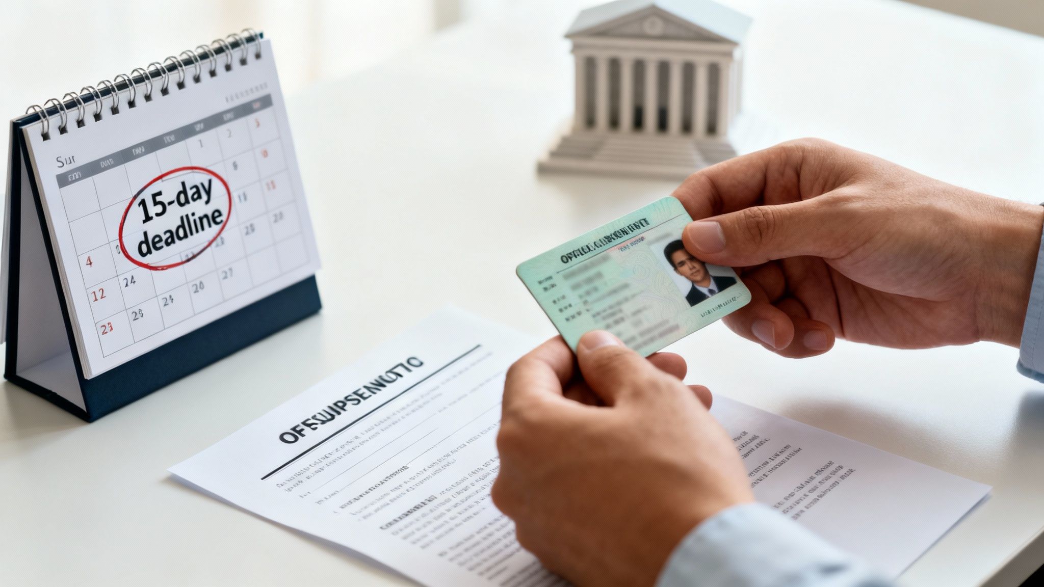 A person holds an ID card near a calendar with a '15-day deadline' and legal documents, with a courthouse model in the background.