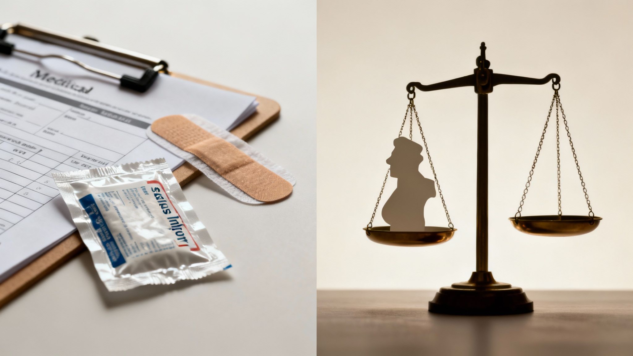 A medical clipboard with bandage and a justice scale with a human silhouette, representing health and legal considerations.