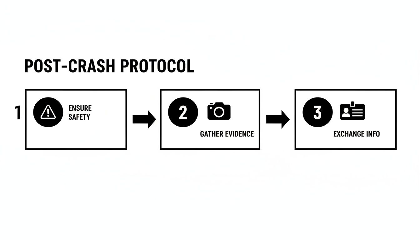 A three-step post-crash protocol: ensure safety, gather evidence, and exchange information, shown as a flowchart.