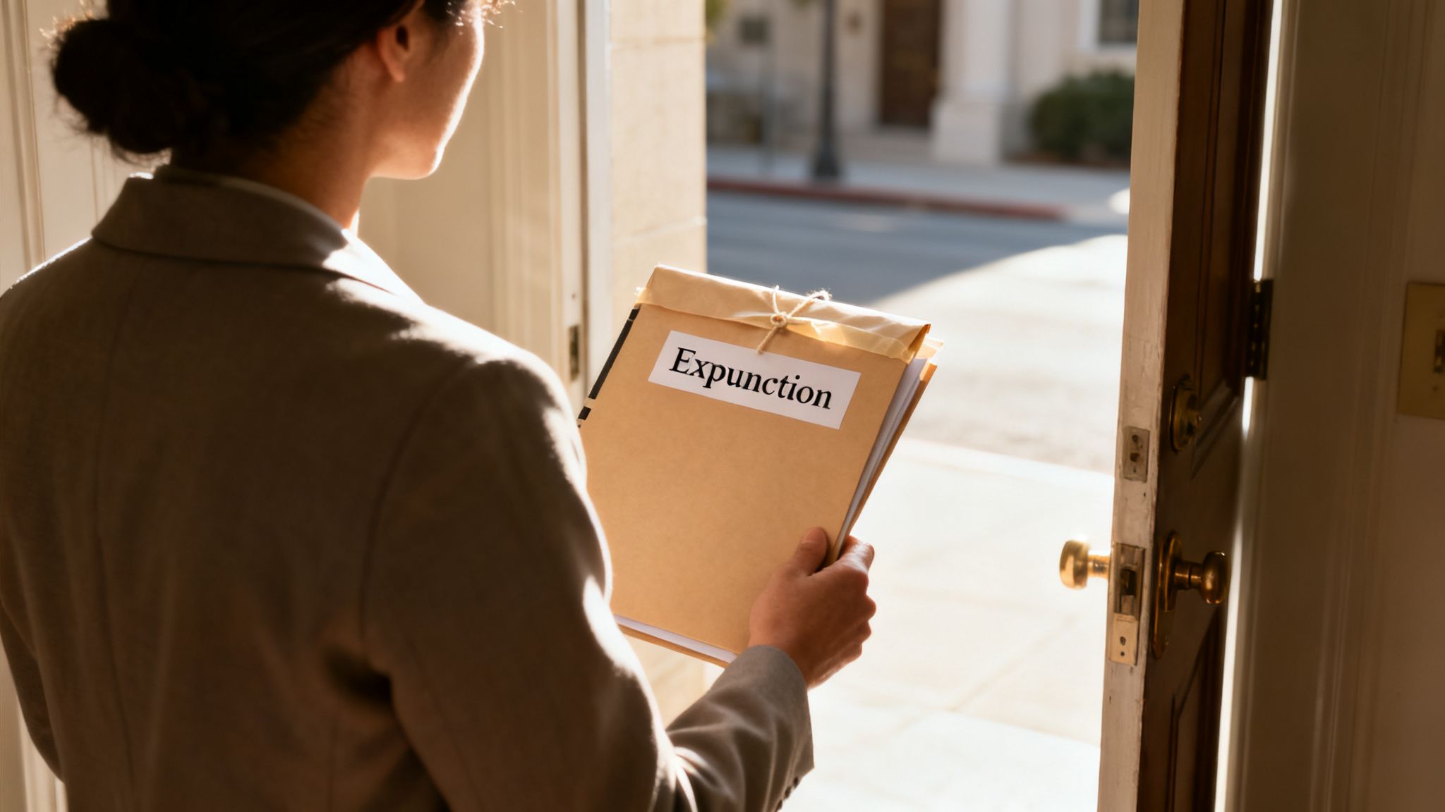A person from behind holds a legal document labeled 'Expunction' at an open doorway.