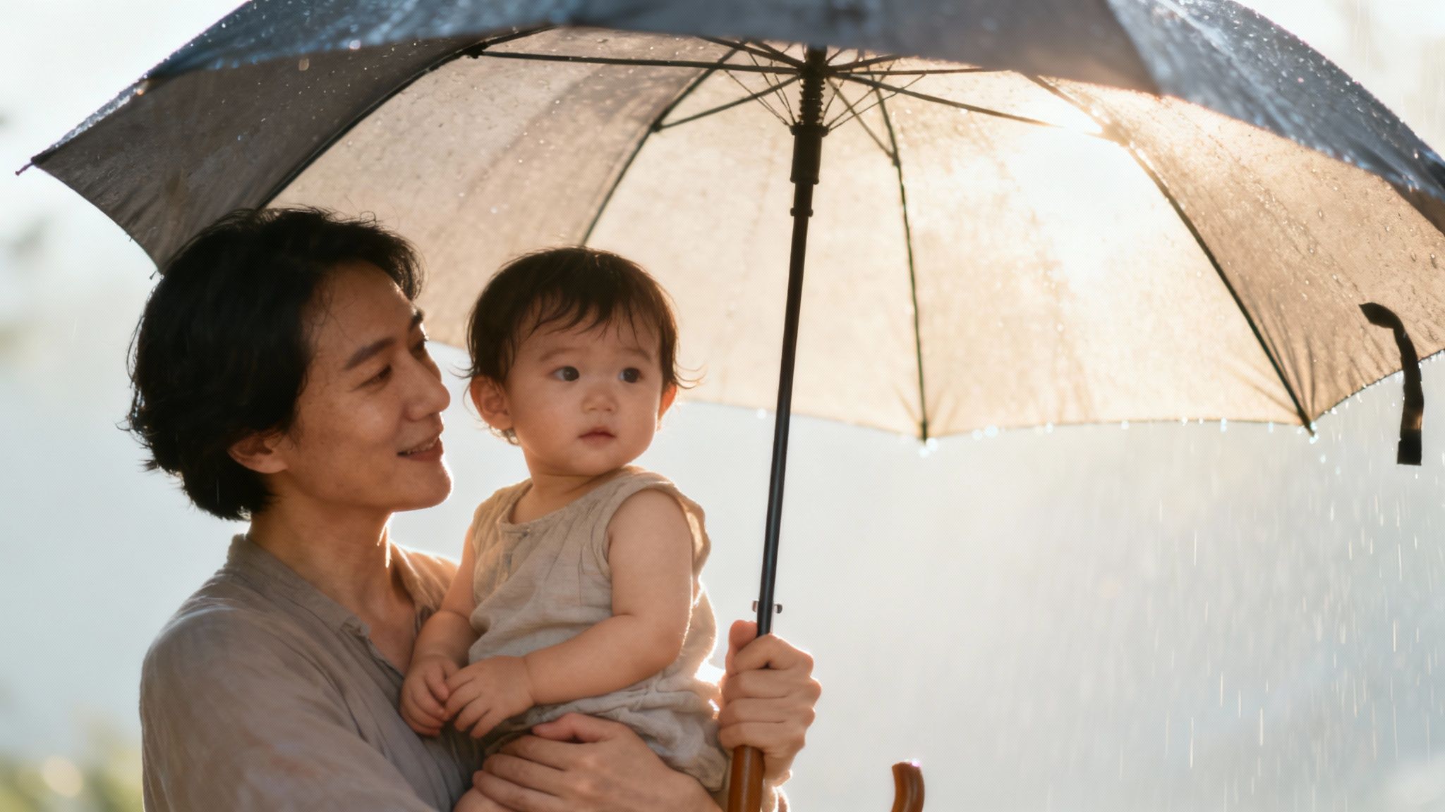 A grandparent warmly hugging their grandchild in a sunny park setting.