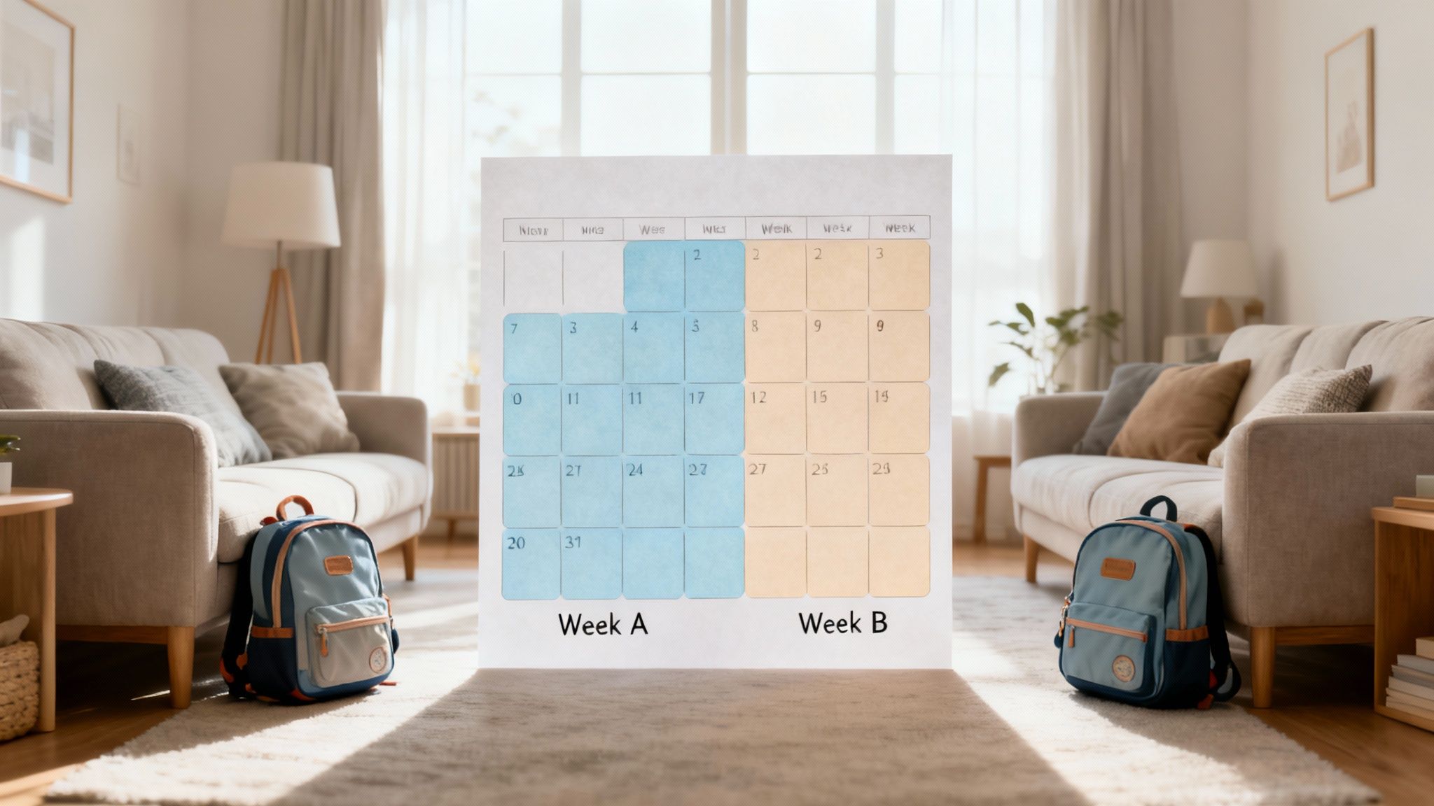 A calendar showing a 50/50 custody schedule with Week A in blue and Week B in orange, flanked by two children's backpacks.