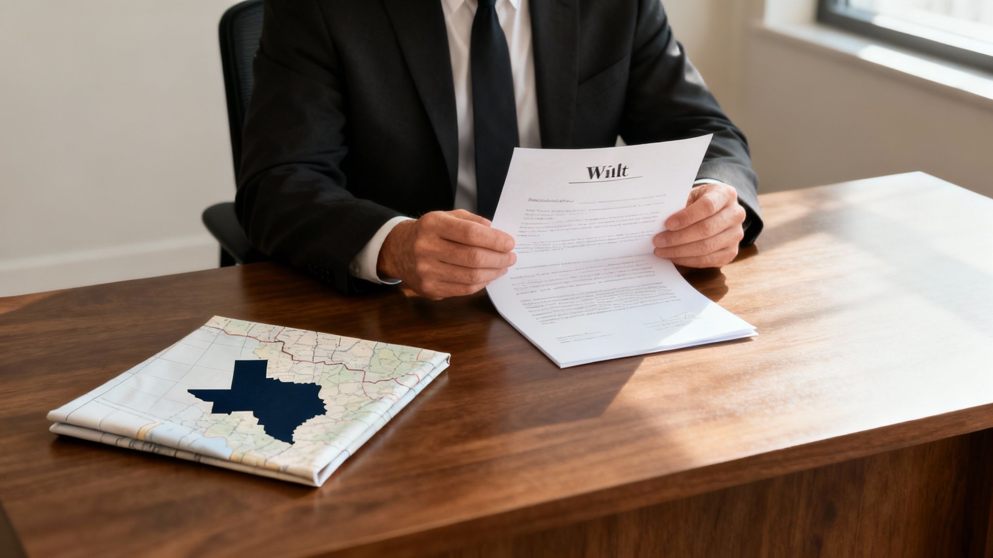 A compassionate lawyer discussing documents with a client at a desk.
